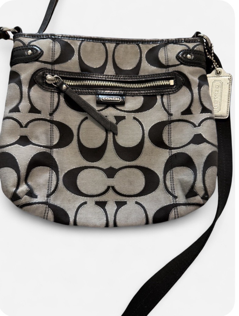 Coach Signature Logo Gray Black Metallic Crossbody Bag Zip Closure