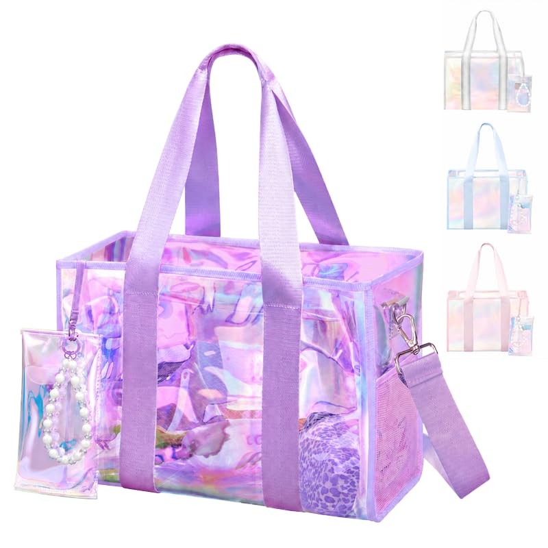 Beach Bag 26L Large Iridescent Waterproof Jelly Tote Bag for with Zipper & Po…