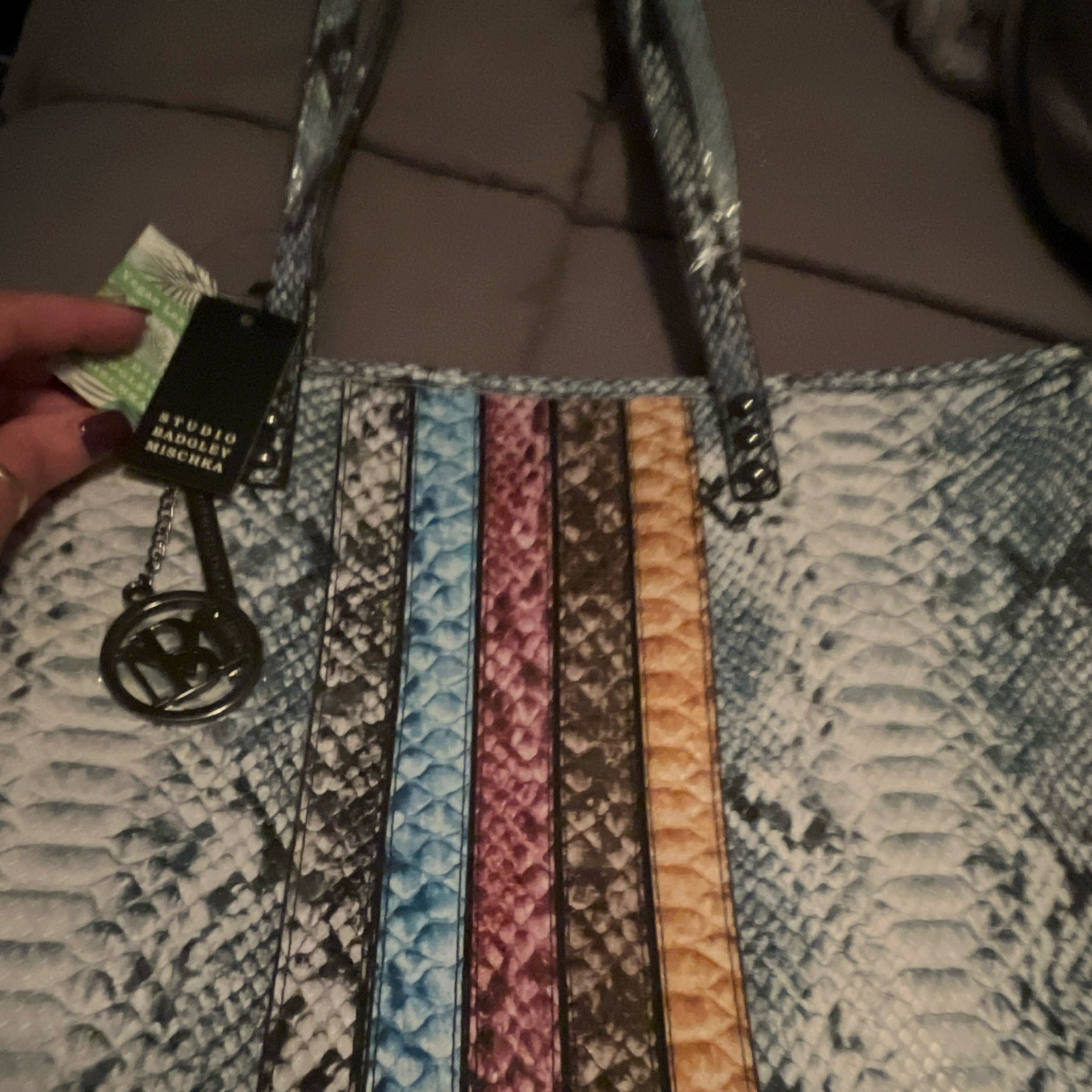 Studio Badgley Mischka Large Snake Print Tote Light Blue Multicolor Zip Charm