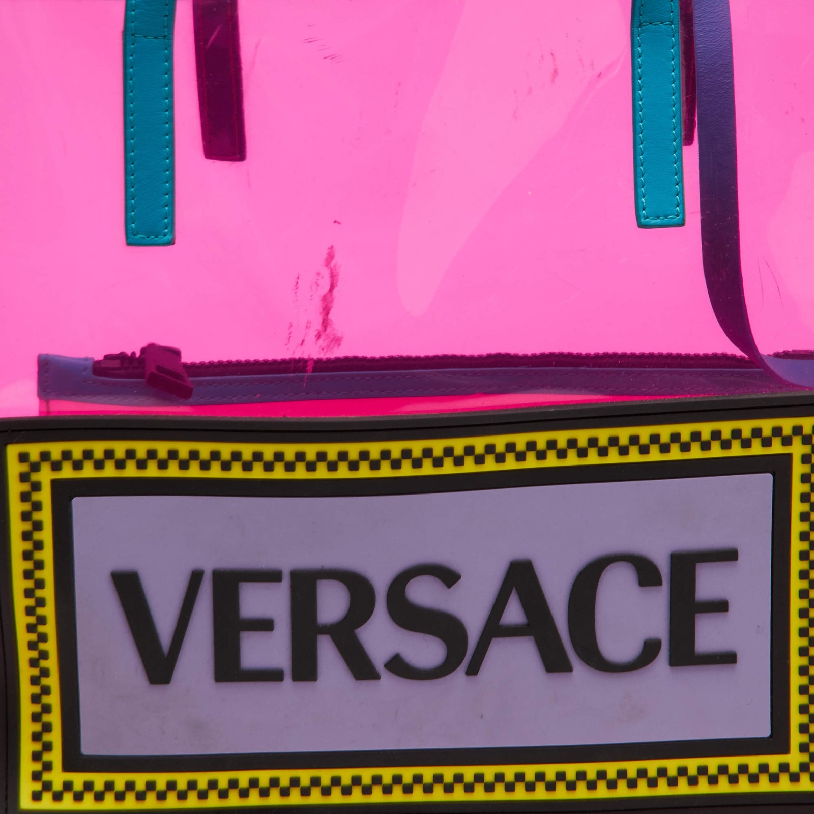 Versace 90s Vintage PinkBlue PVC and Leather Shopper Tote