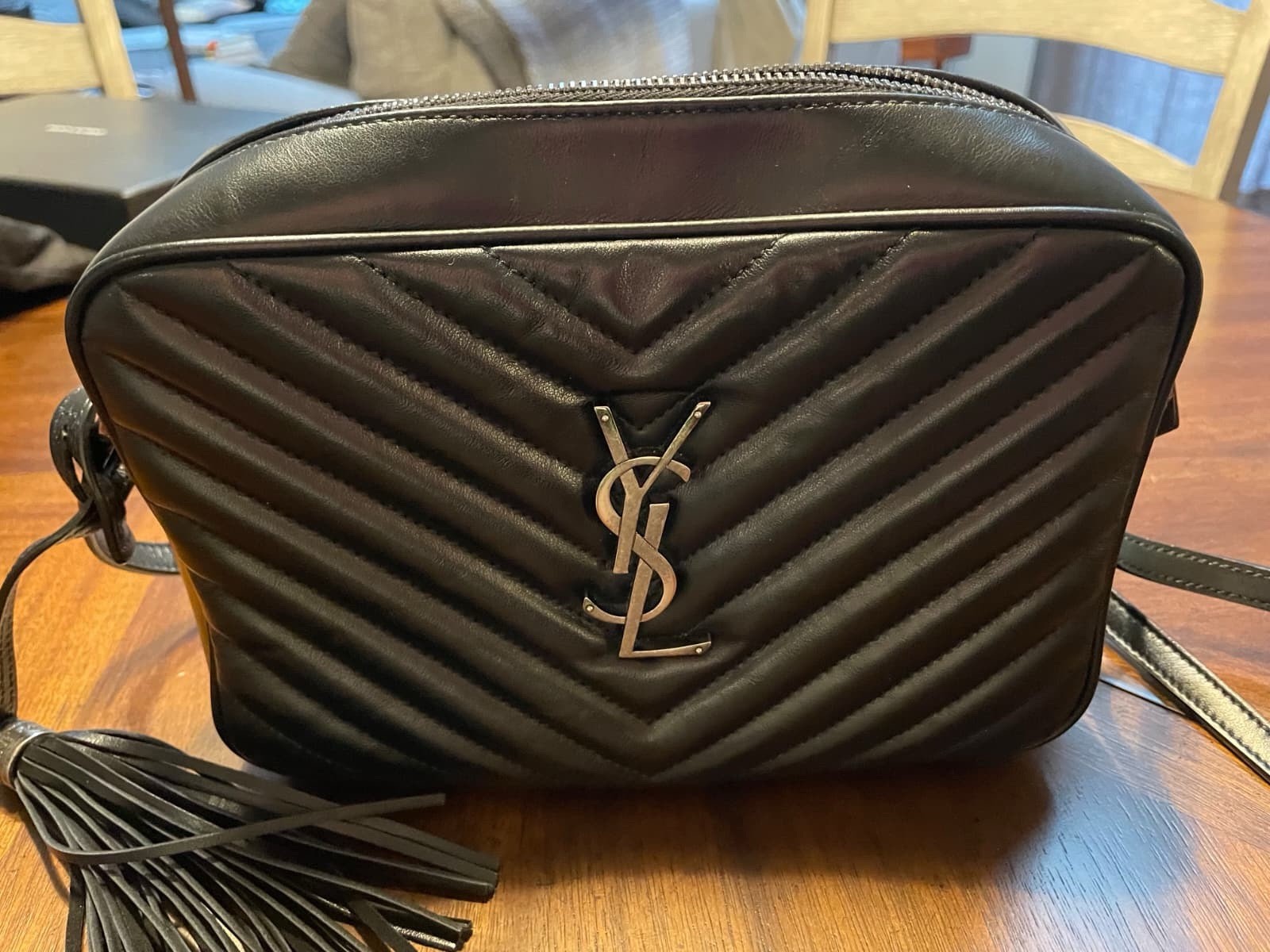 Saint Laurent Lou Black Chevron YSL Logo Tassel Zip Camera Bag