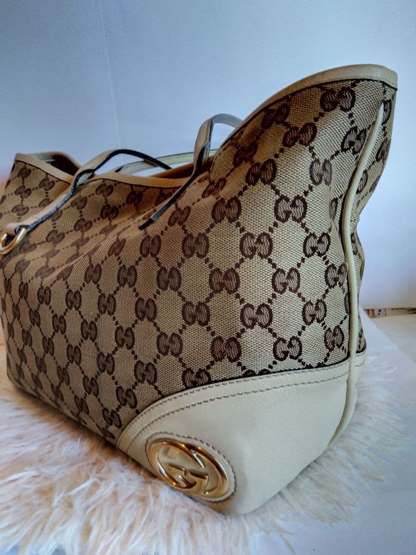 GUCCI GG Canvas Leather Tote Bag Beige Women Auth 9.05 x 11.02 x 4.72inch