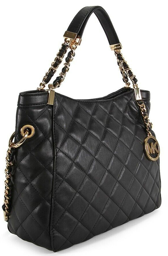 🌞MICHAEL KORS SUSANNAH BLACK QUILT LEATHER GOLD LOGO MEDIUM SHOULDER BAG🌺NWT!