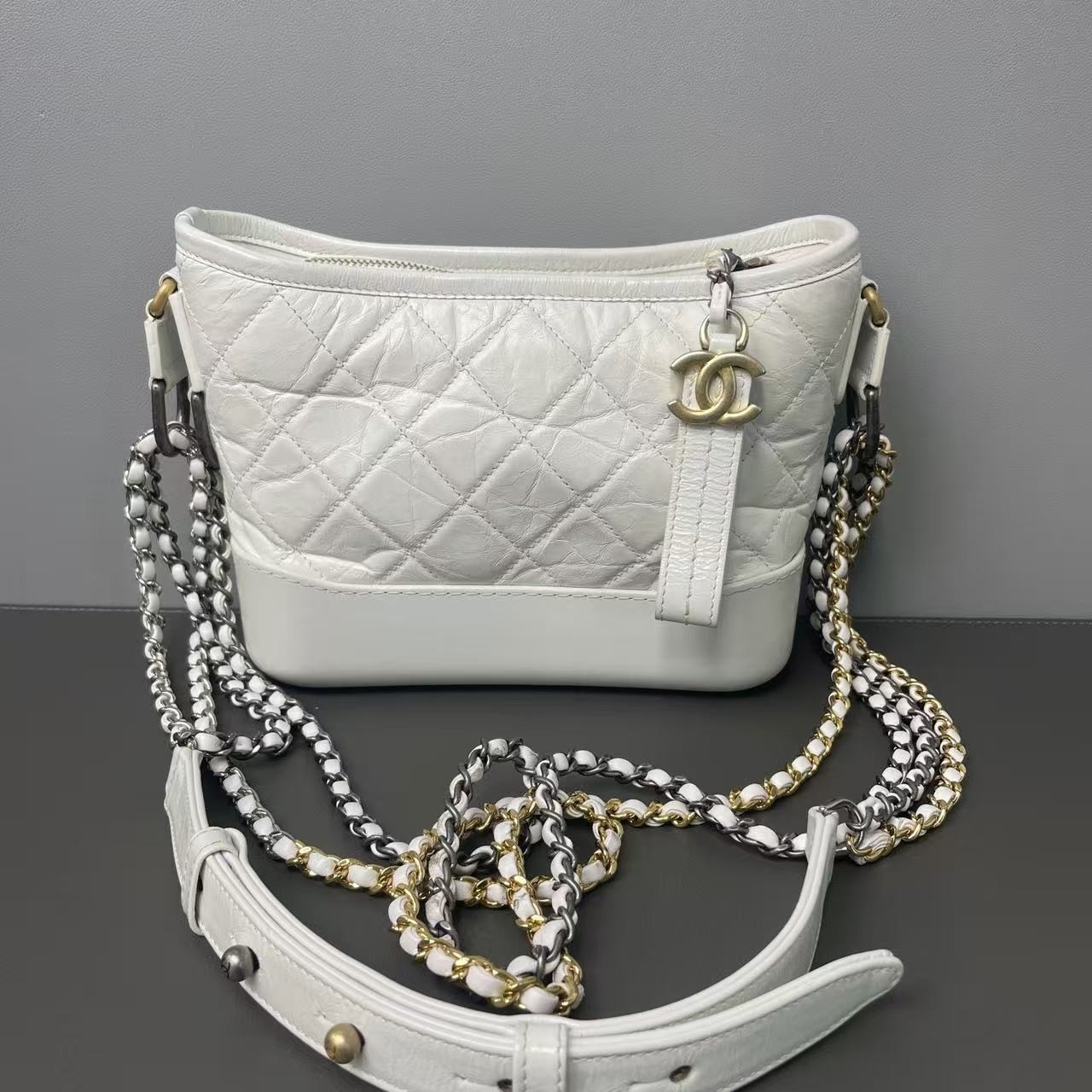 Chanel Gabrielle Small Hobo Bag White Aged Calfskin 3-Tone Hardware 100% Auth