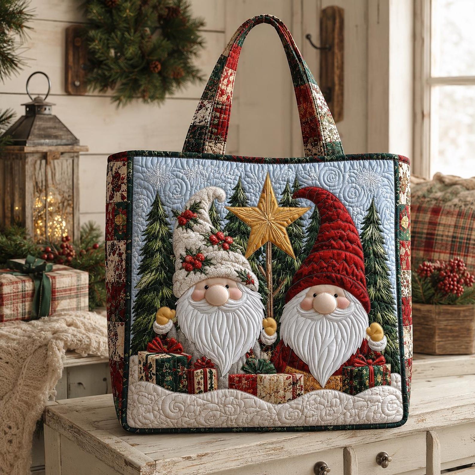 Quilted Christmas Gnome Tote Bag, Holiday Market Shoulder Bag, Farmhouse Gift He