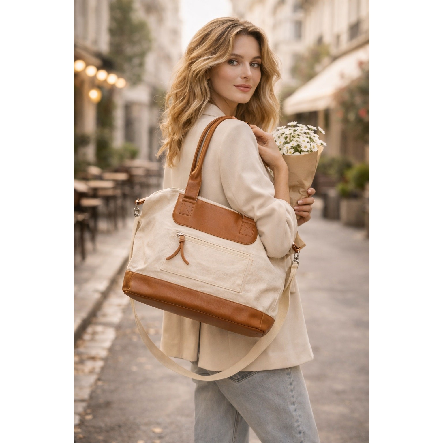 Graf Lantz Canvas & Leather Tote Bag | Cream Tan Carryall Crossbody Detach Strap