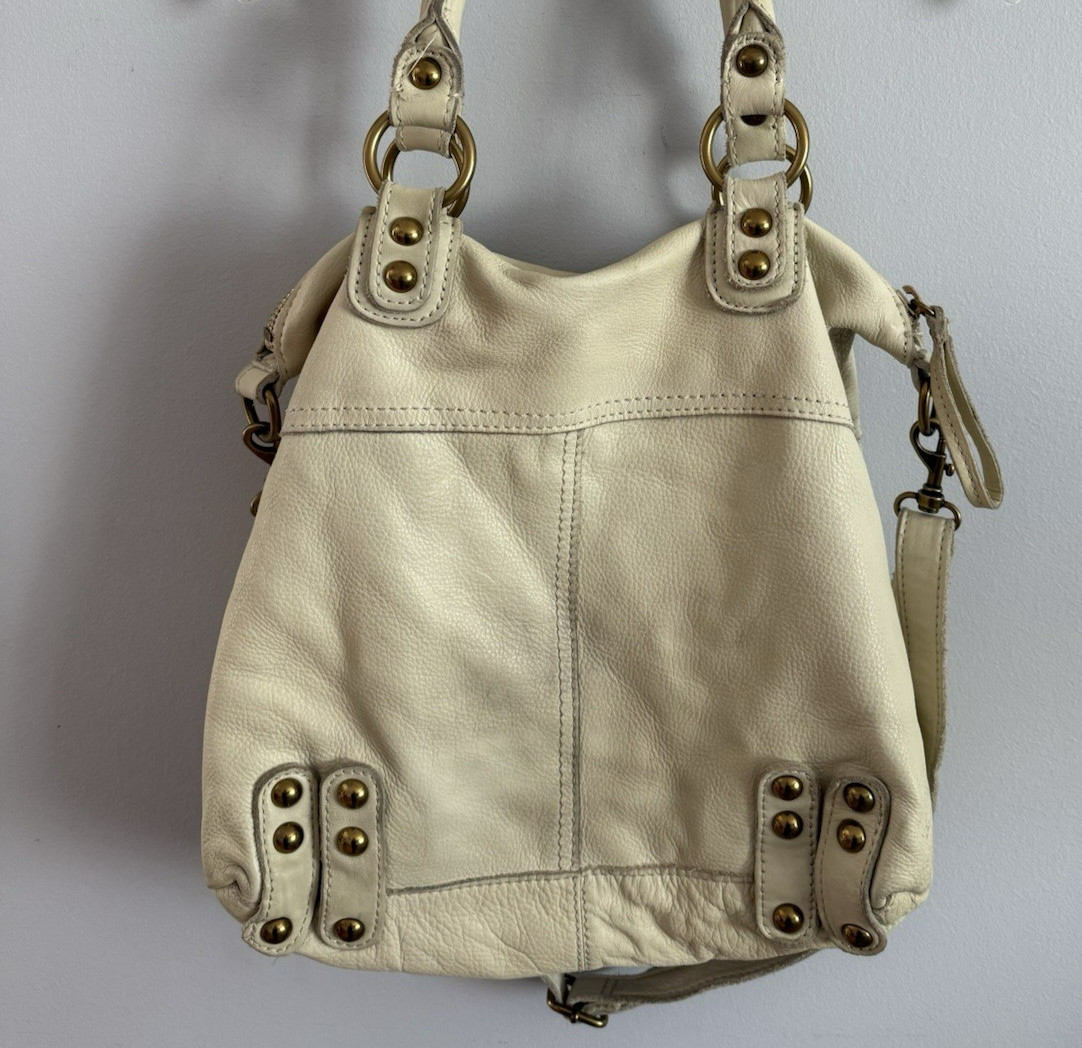 Linea Pelle Dylan Tote Leather Crossover Shoulder Bag Purse Cream