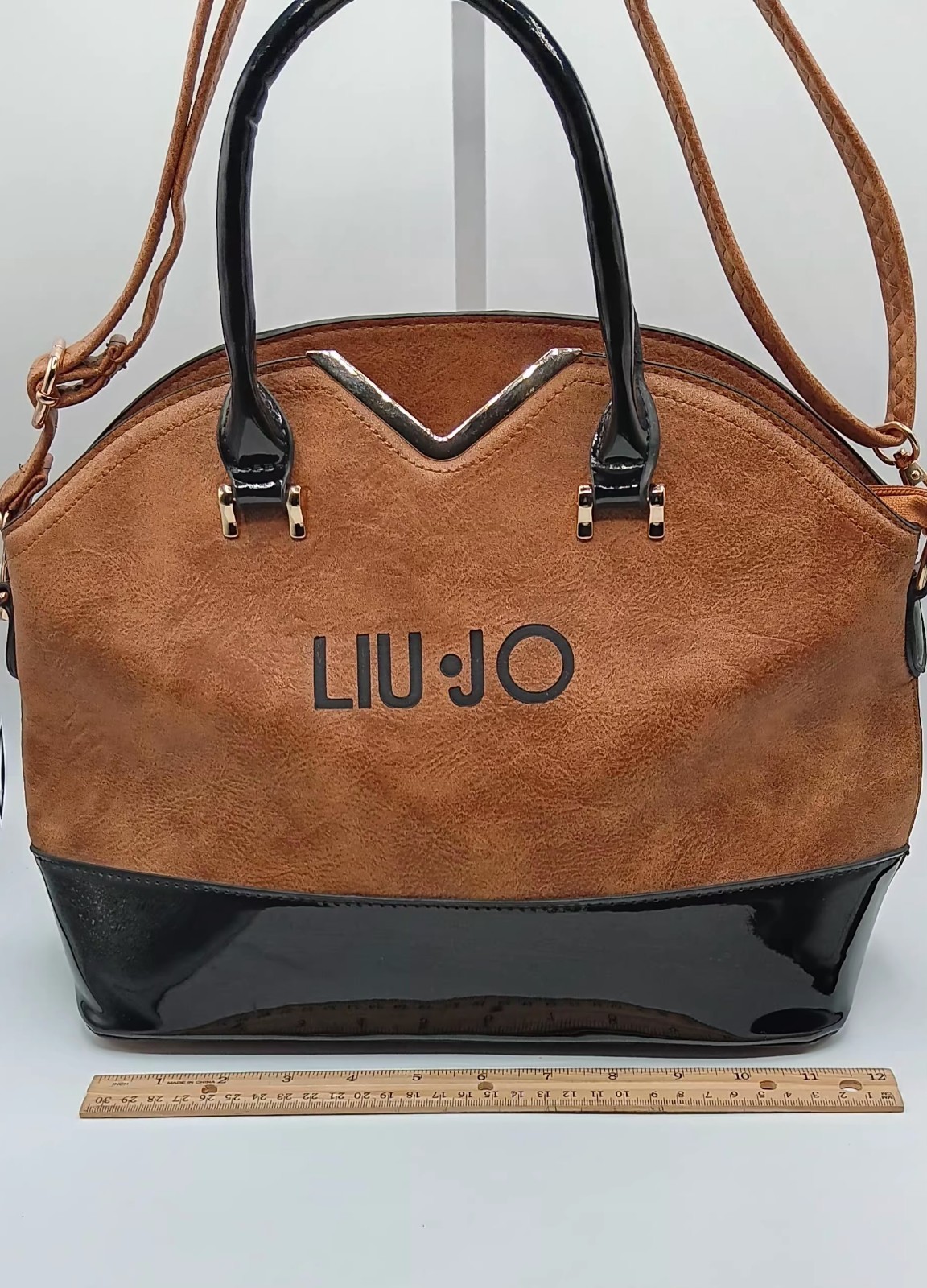 Liu Jo Womens Suede and Patton Leather Shoulder Handbag Brown and Black Large