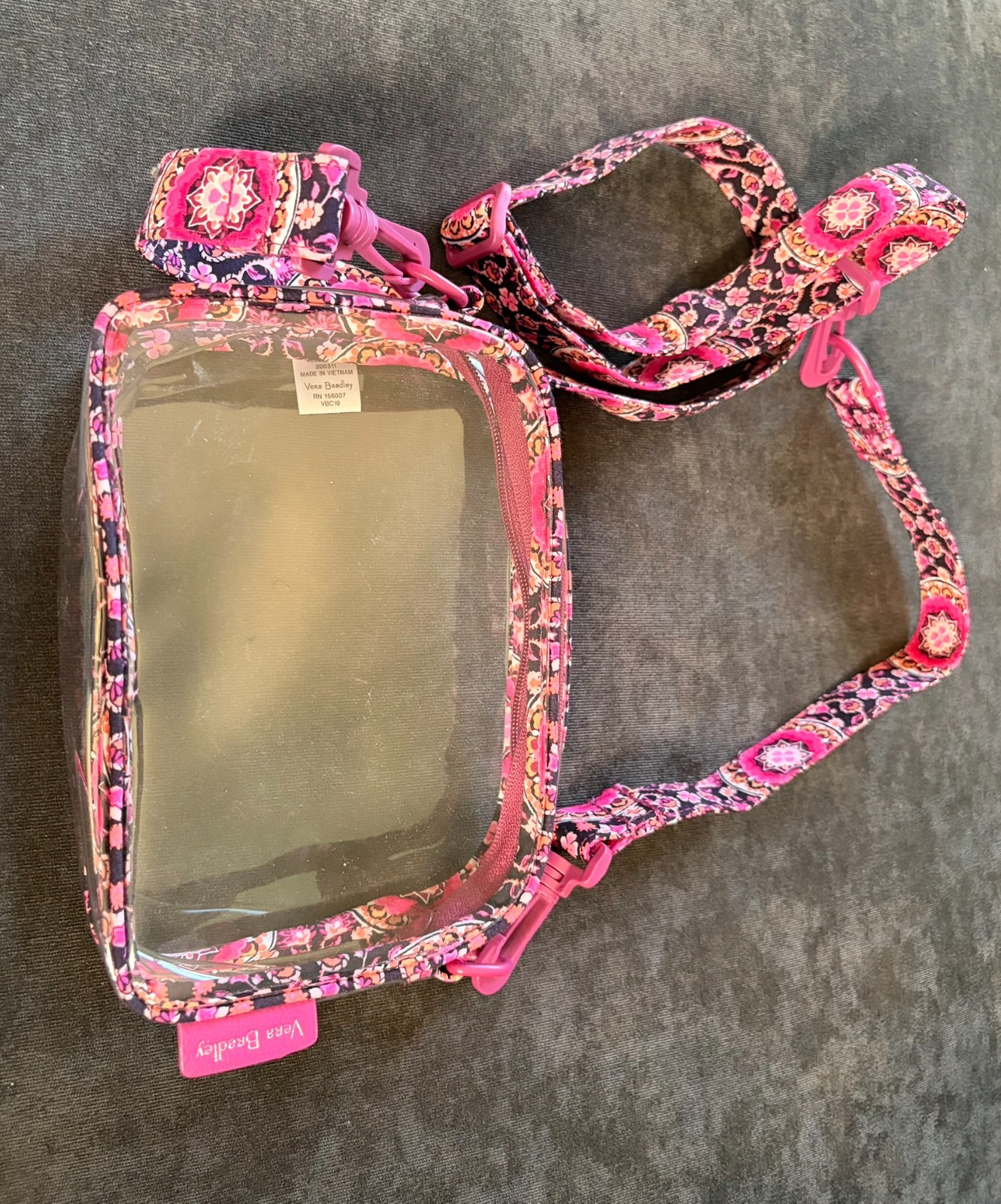 Vera Bradley Clear Small Zip Handbag with Pink Floral/Paisley Border and Strap.