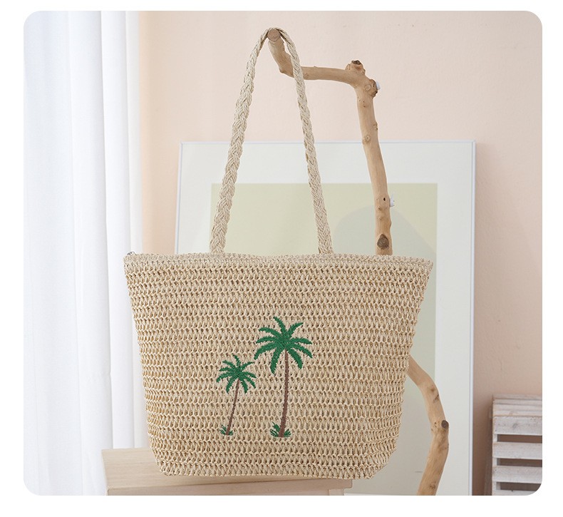 Women Coconut Tree Pattern Large Capacity Solid Color Straw Shoulder Bag For