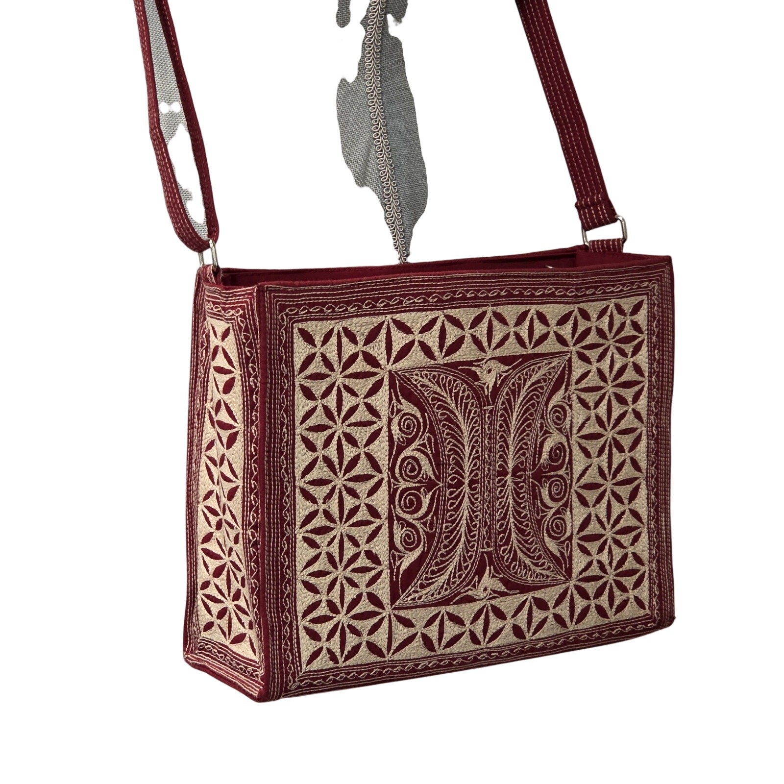 Vintage Embroidered Box Bag Burgundy Ivory Folk Art Crossbody Travel Purse