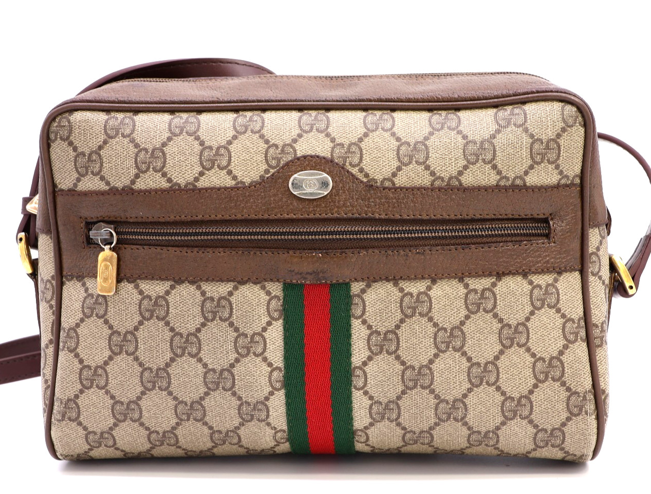 GUCCI VINTAGE Ophidia Shoulder Bag Web Stripe Brown Large Classic Authentic