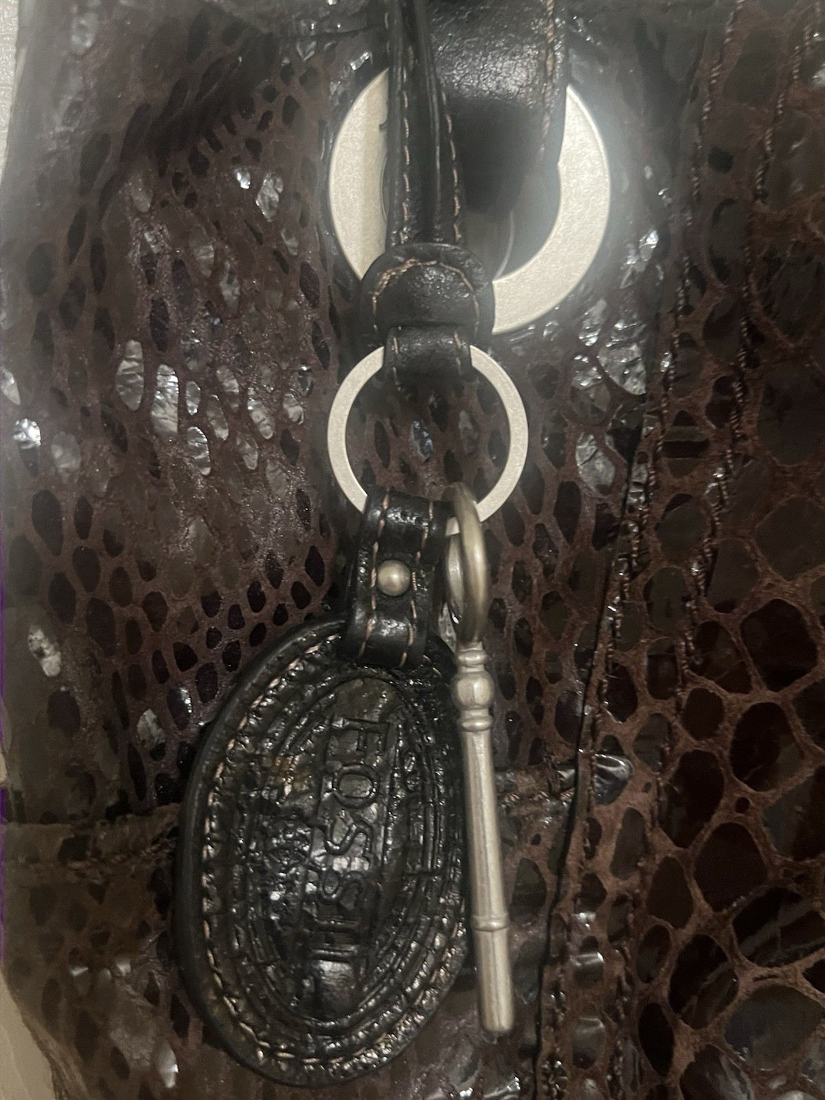 Fossil Hathaway tote Y2K bag, brown, shiny snakeskin print leather,BohoChic