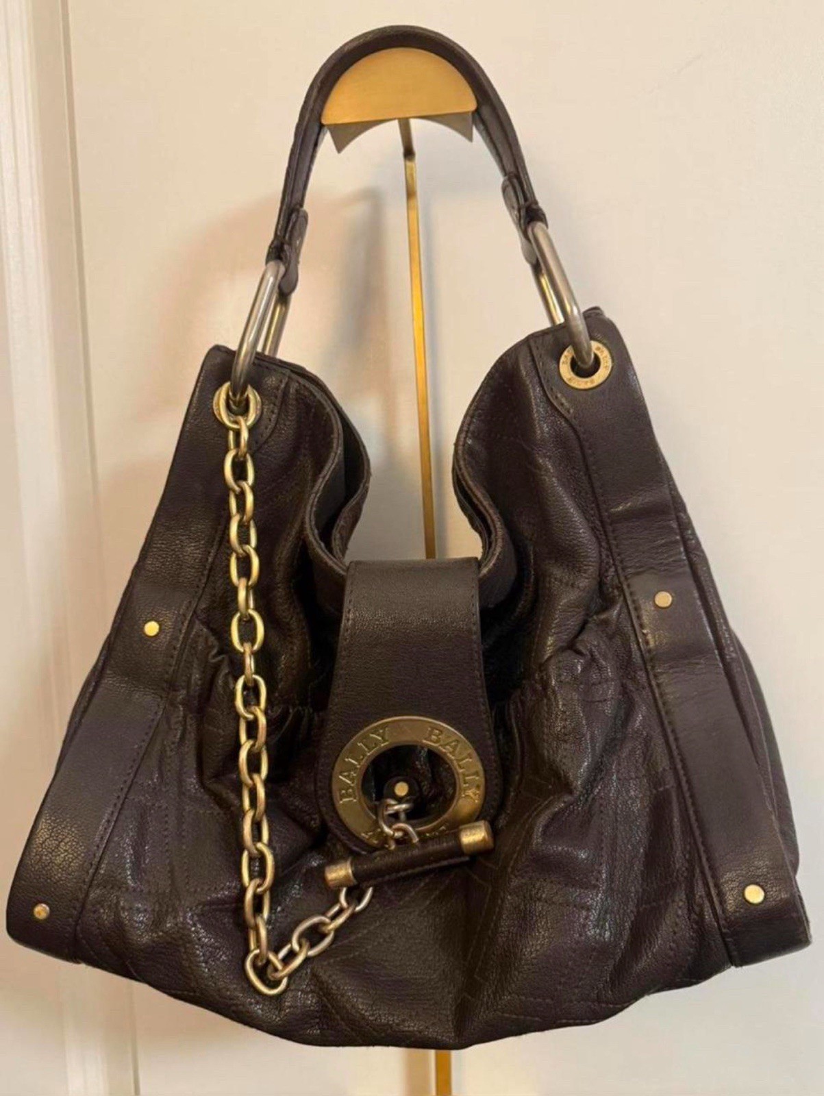 Bally Brown Crescent Hobo Shoulder Bag Top Handle Gold Chain Unique Closure Logo