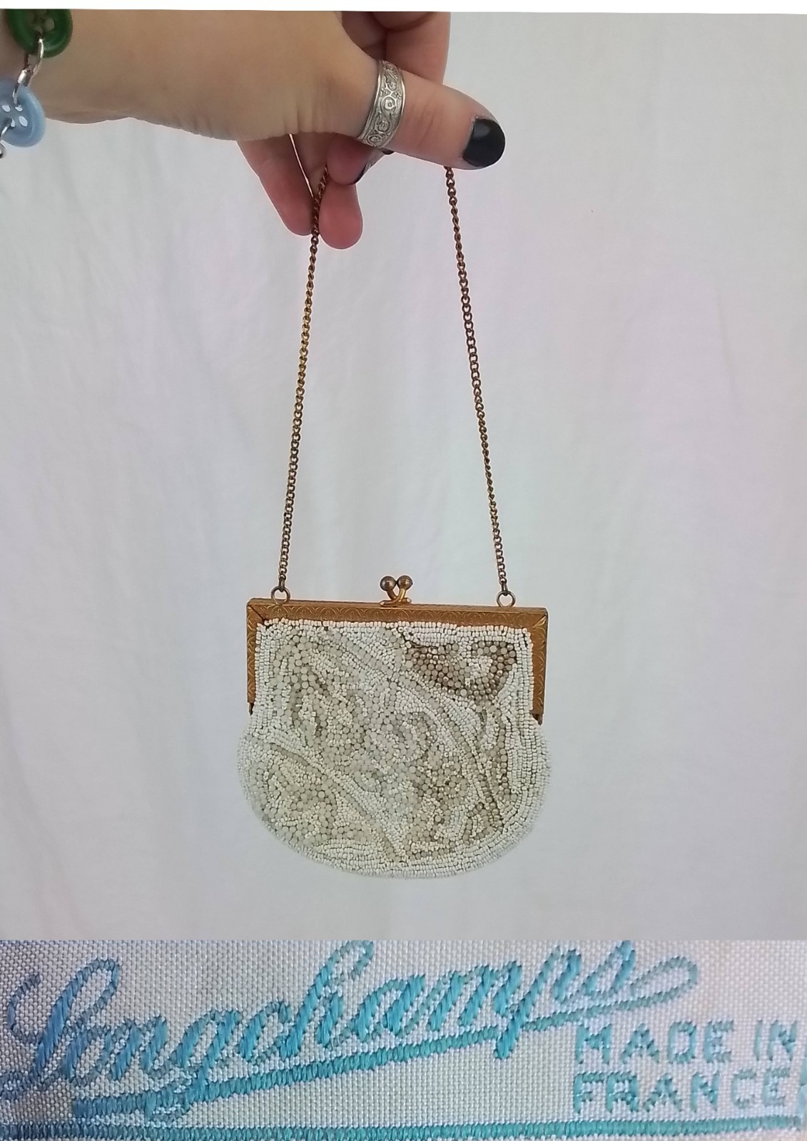 Longchamps Beaded Purse/Handbag White and Gold Antique 1920s #J3566