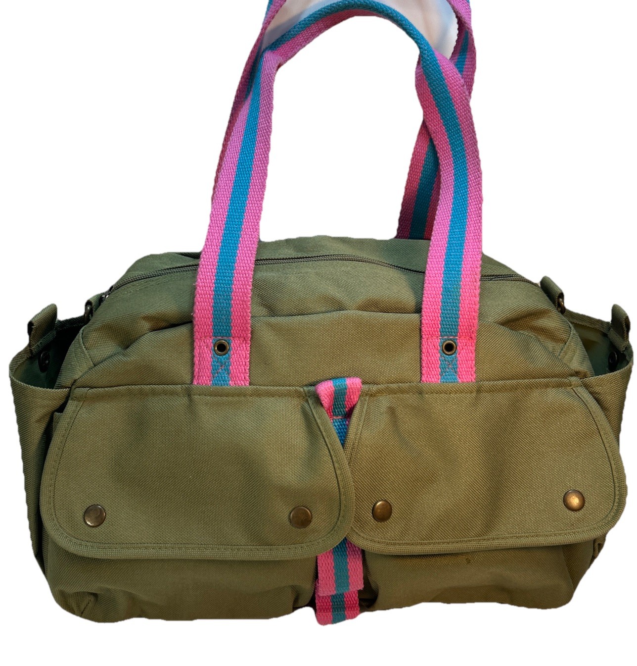 Ralph Lauren Canvas Tote Green 15 in. Bag With Pink/Blue Straps/Handles
