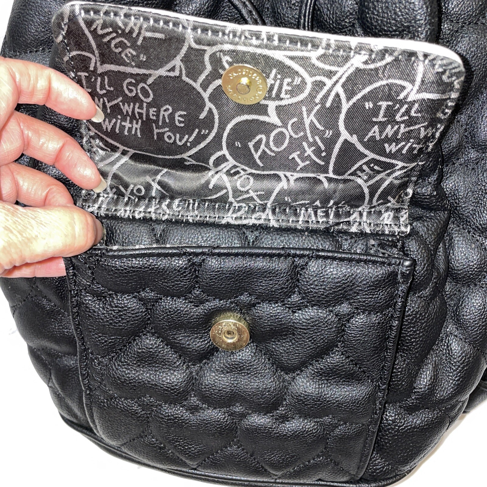 Betsey Johnson Handbag Black & White Heart Quilted Printed Purse Backpack Bag