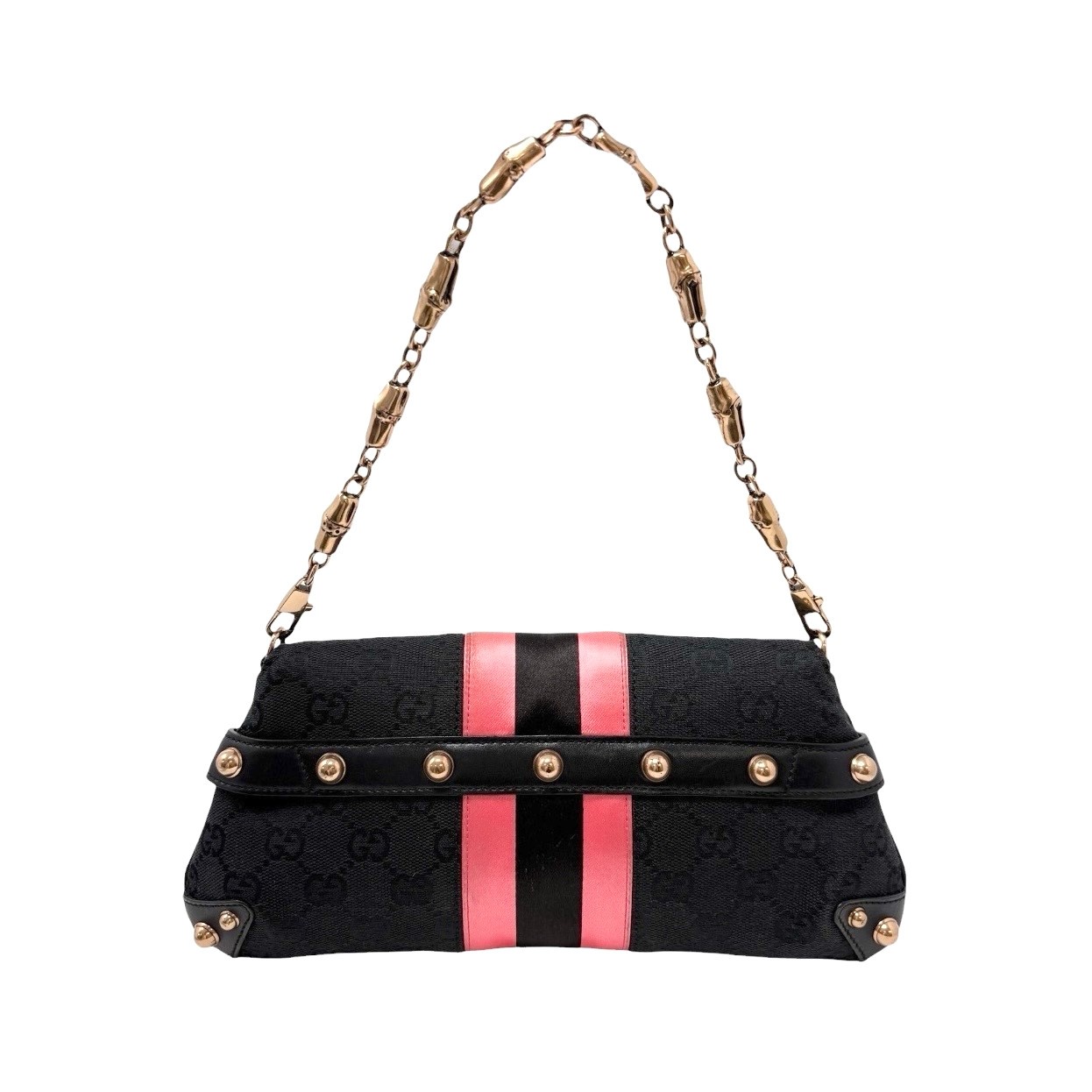 GUCCI Vintage GG Logo Monogram Horsebit Shoulder Clutch Bag Chain Black Pink