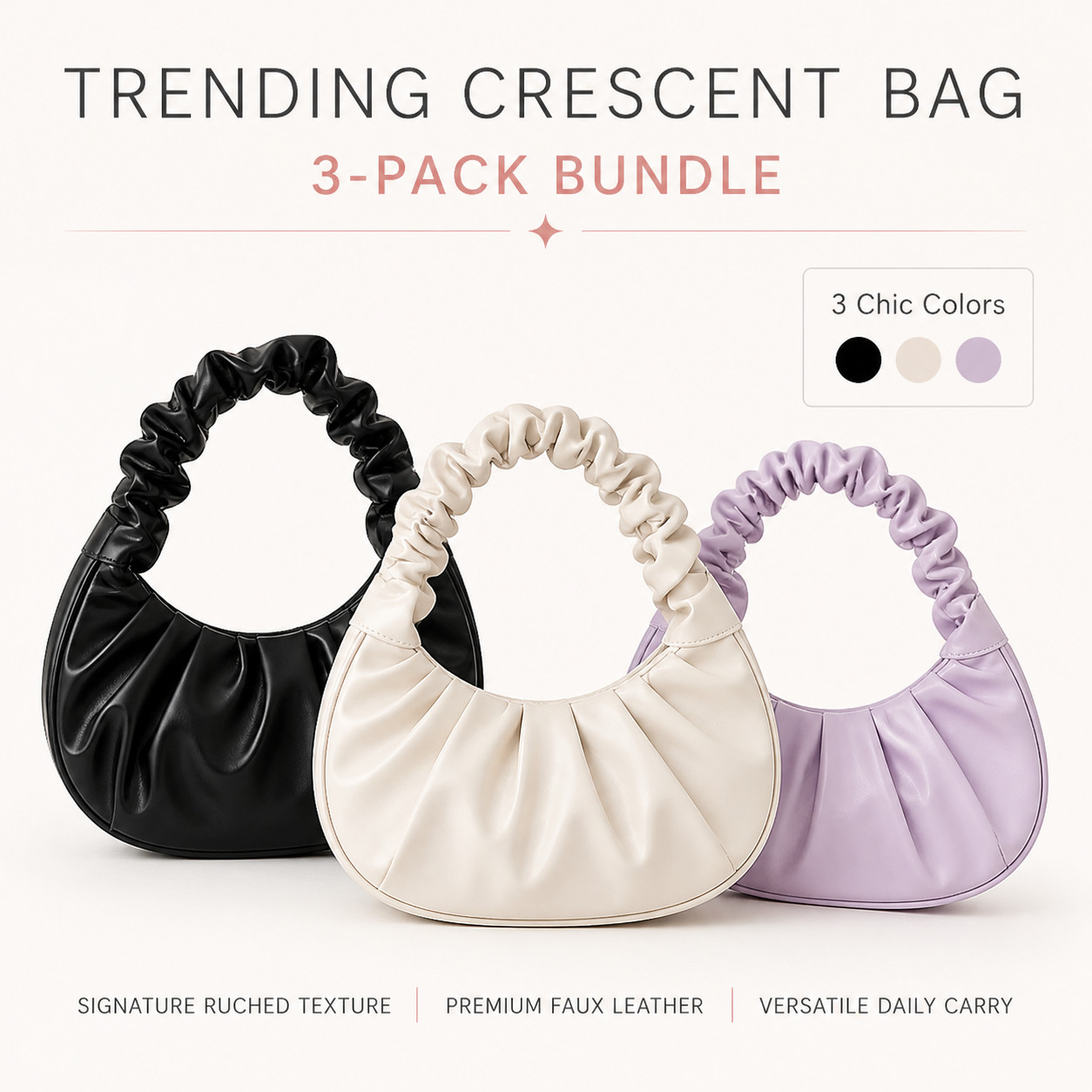 Crescent Shoulder Bag for Women Ruched PU Leather 3-Pack Hobo Purse Set