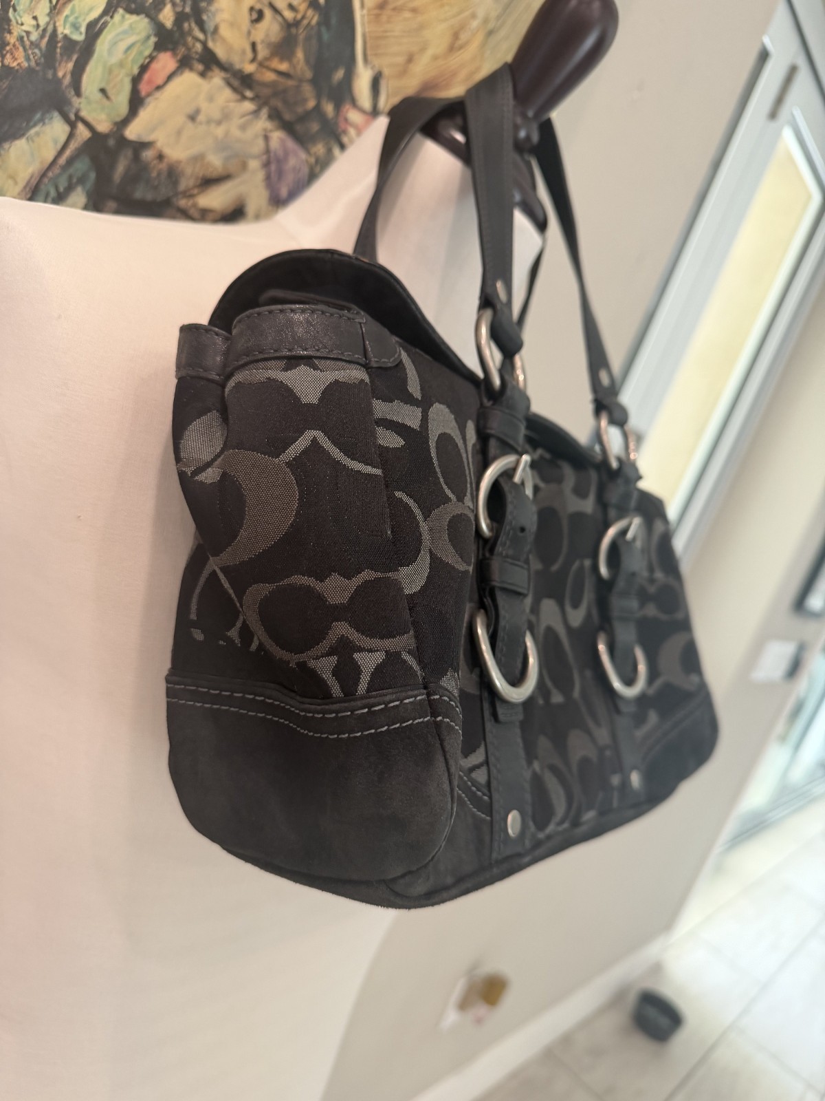 VTG Coach Chelsea 10145 Optic Signature Jacquard Satchel Black Gray O-Ring Bag
