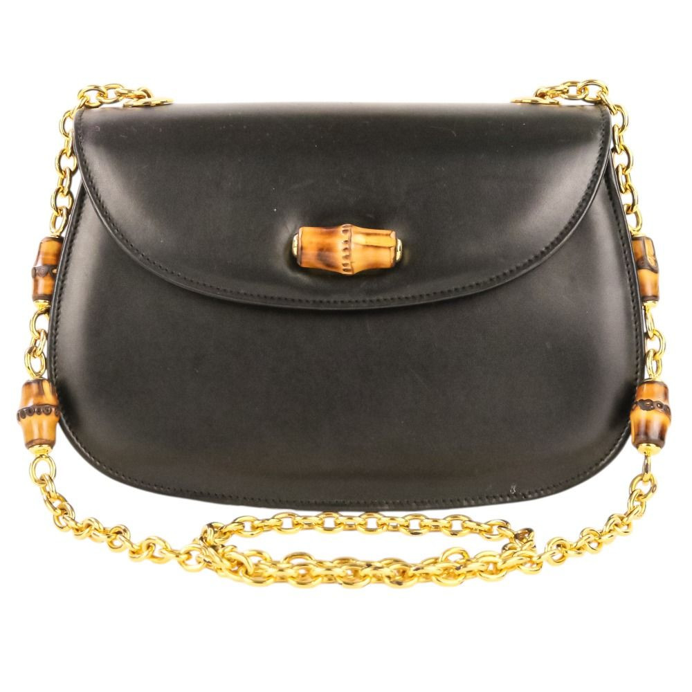 Gucci Vintage Bamboo Turn-Lock Leather Chain Shoulder Bag Black Authentic