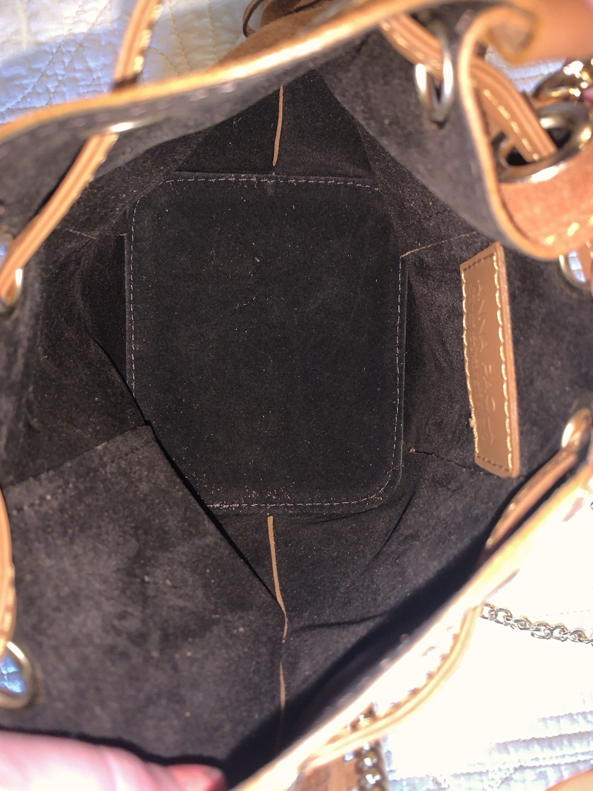 ANNA PAOLA Brown Fringe Drawstring Bucket Bag Chain Strap Bottom Studs