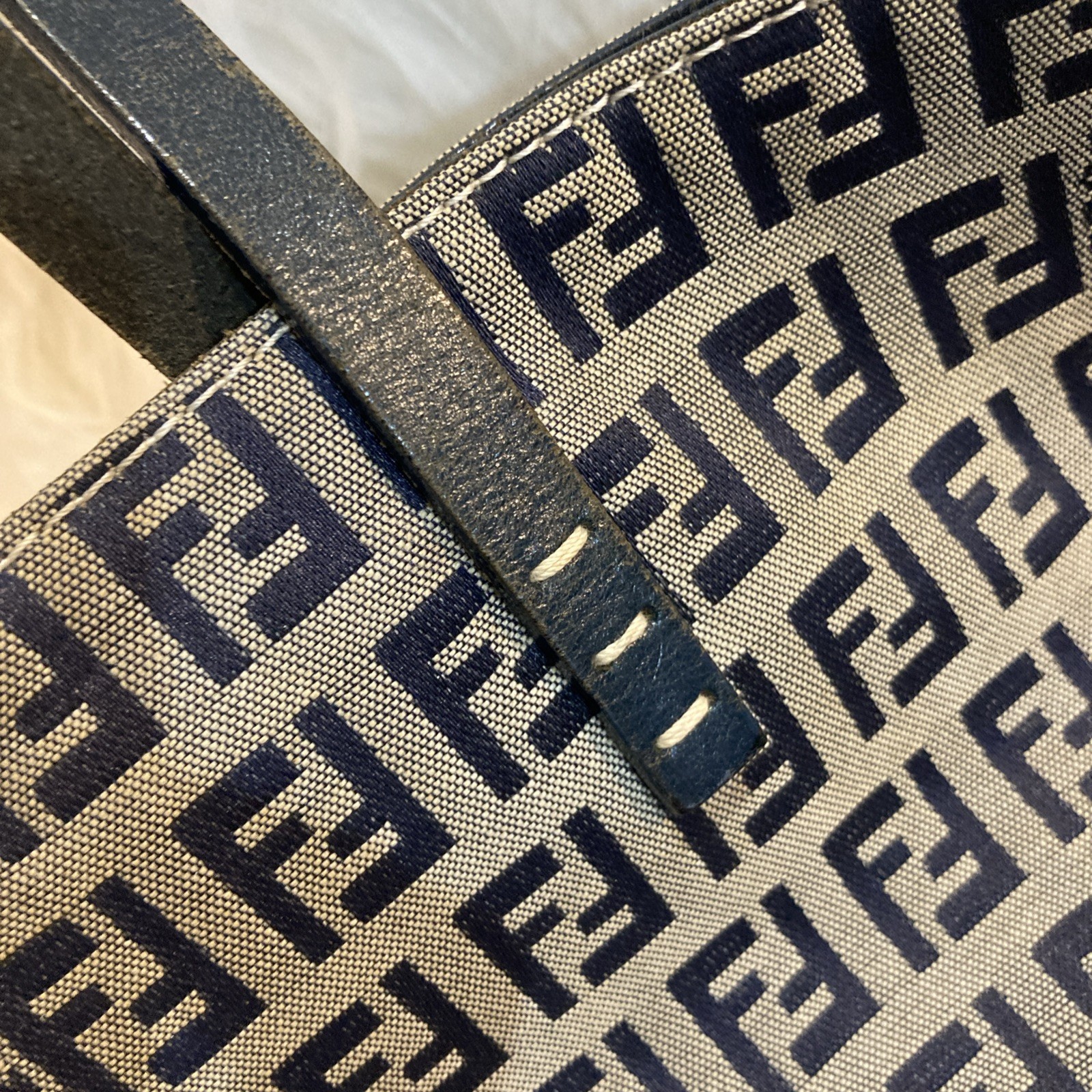 FENDI Zucchino FF Monogram Large Tote Bag Navy Canvas Leather 49cm Vintage