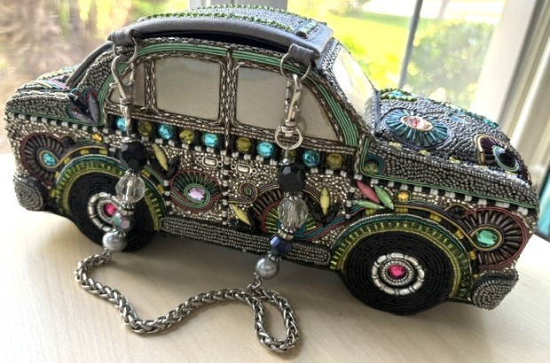 Mary Frances ROAD TRIP CAR AUTO HANDBAG Leather Top Handle Bag Silver Gray/Multi