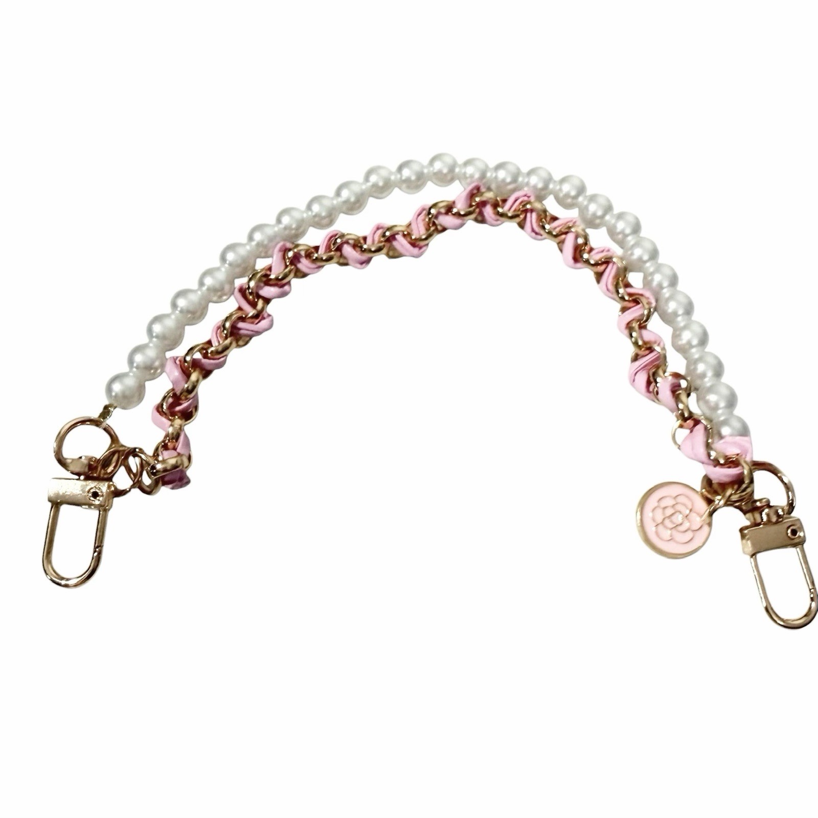 NEW Bag Strap 10.25” Faux Pearls Pink Woven Gold Chain Handle Hand Purse