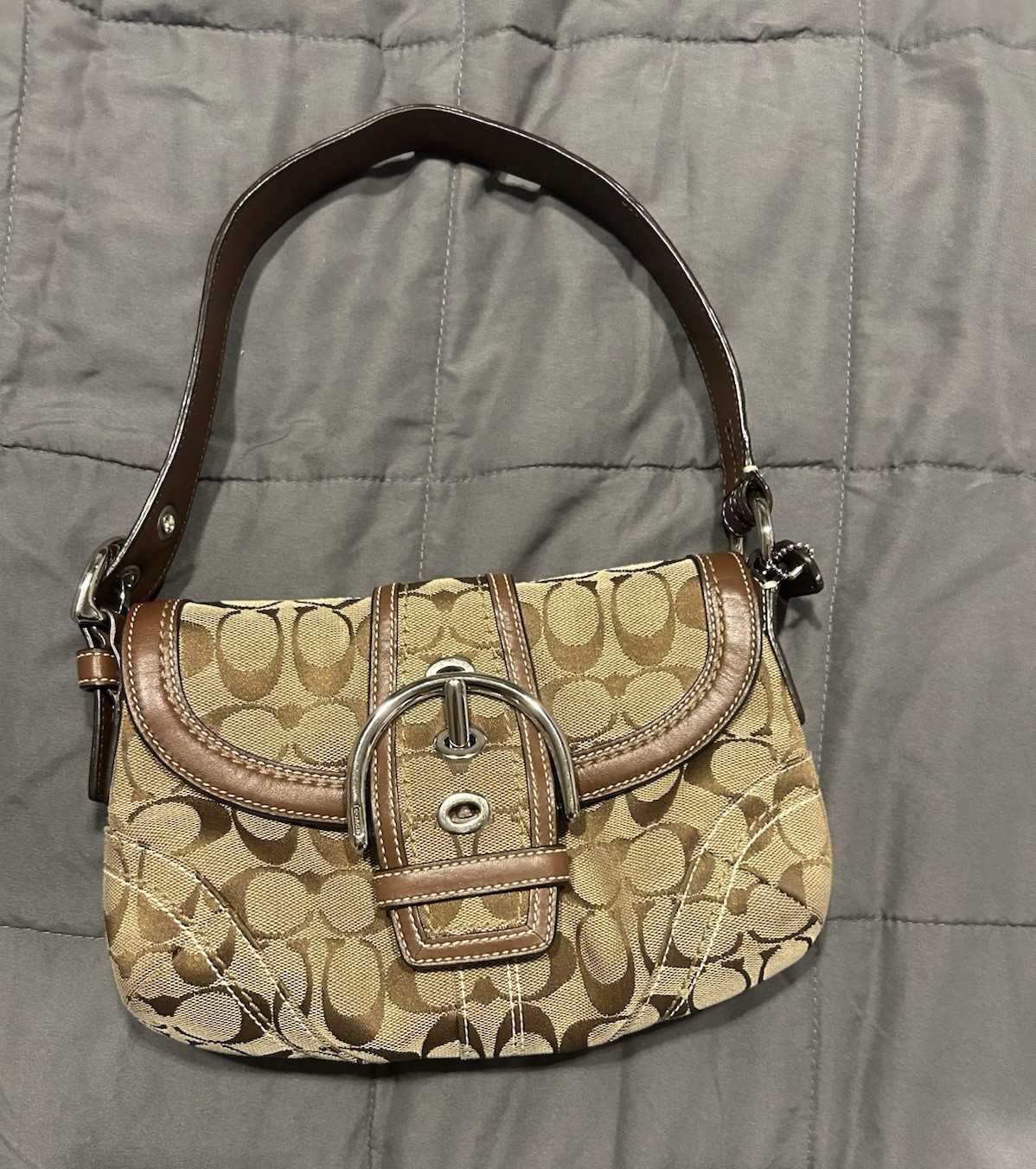 Vintage Coach Signature, beige and brown small crescent shoulder bag, buckle