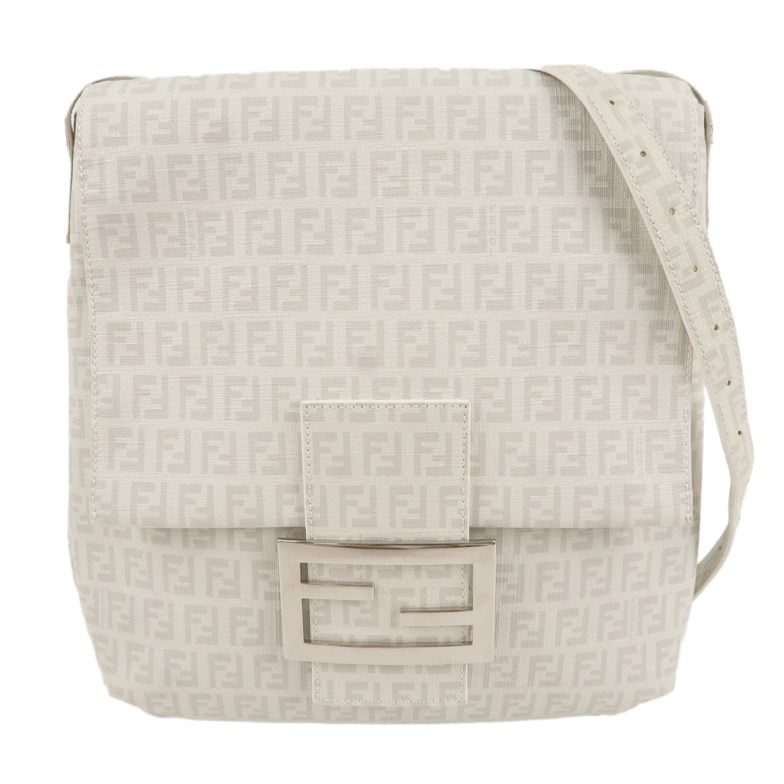 FENDI Zucchino Print Shoulder Bag White Gray PVC 8BT127 Auth Used