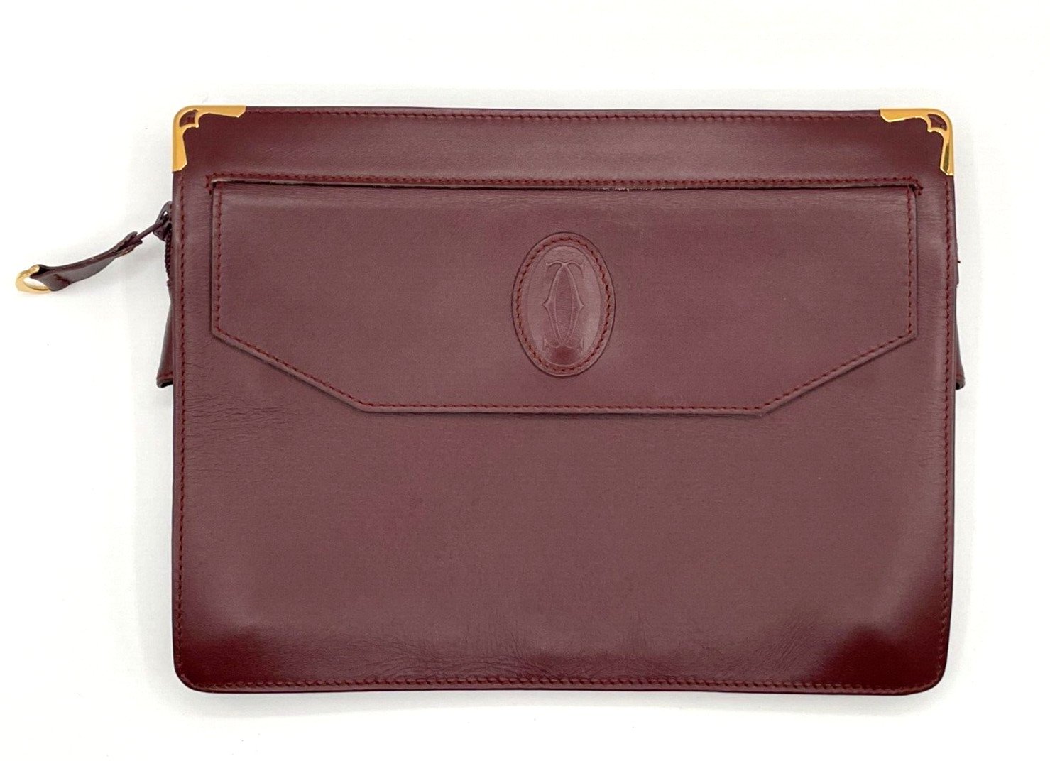 Auth Must de Cartier Clutch Bag Leather Dark Red Bordeaux _0078