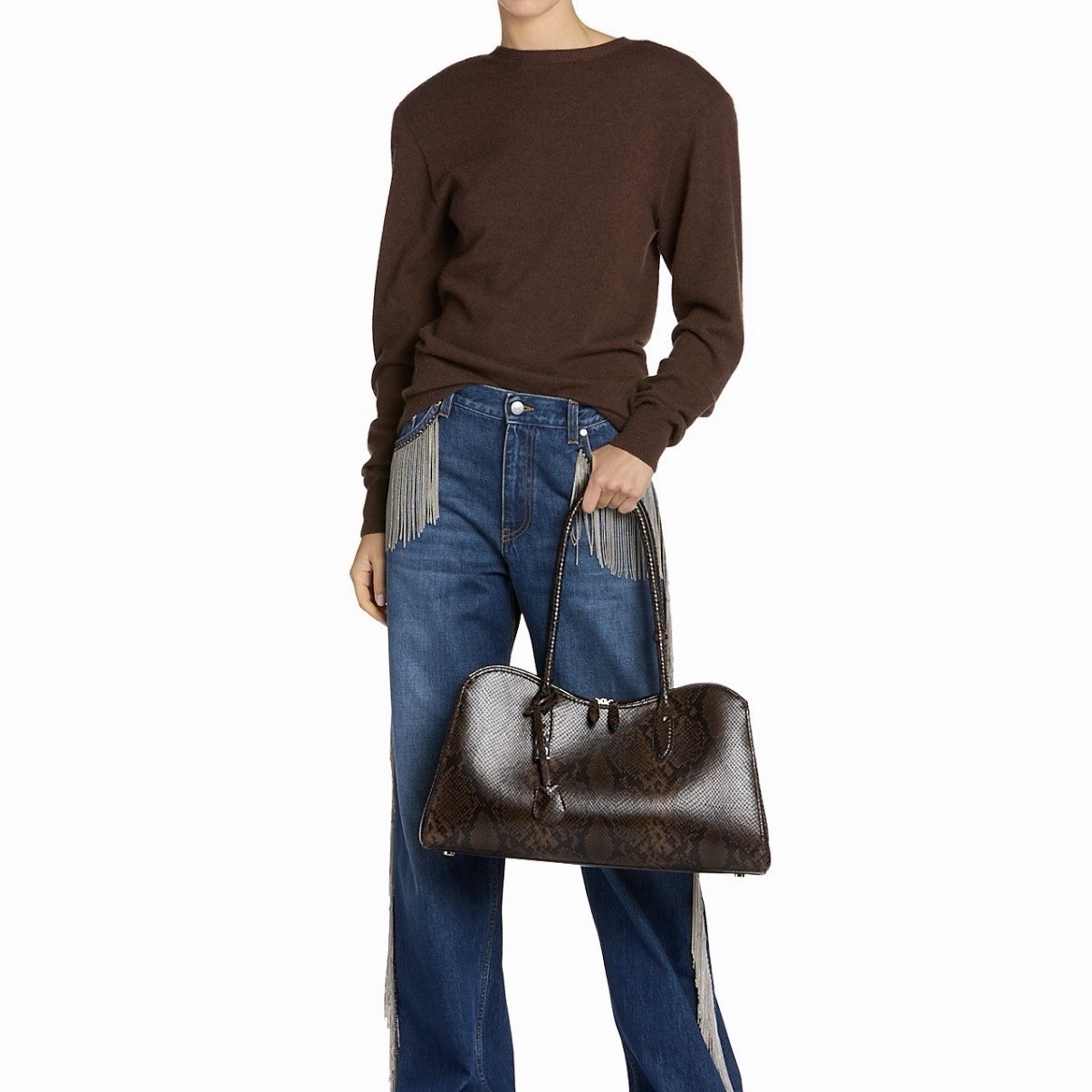 Stella McCartney Brown Snake-Embossed Shoulder Padlock Key silver RETAIL 2295.00