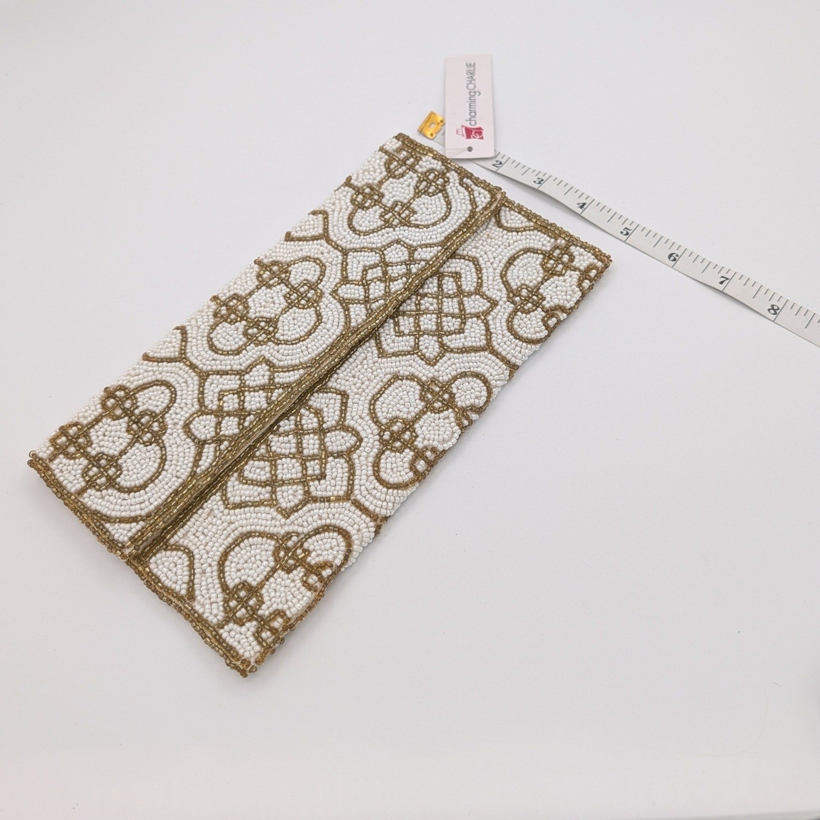 Charming Charlie Beaded Clutch White Gold Geometric Lattice Evening Bag NWT
