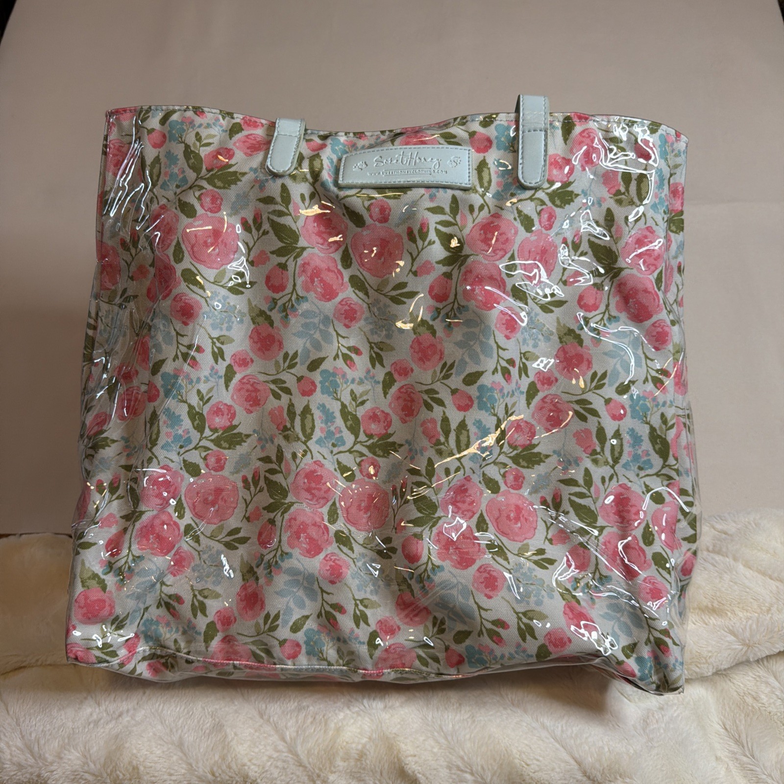 SWEET HONEY CLOTHING Large Tote Bag, Vinyl-Covered Fabric, Pink & Green Floral