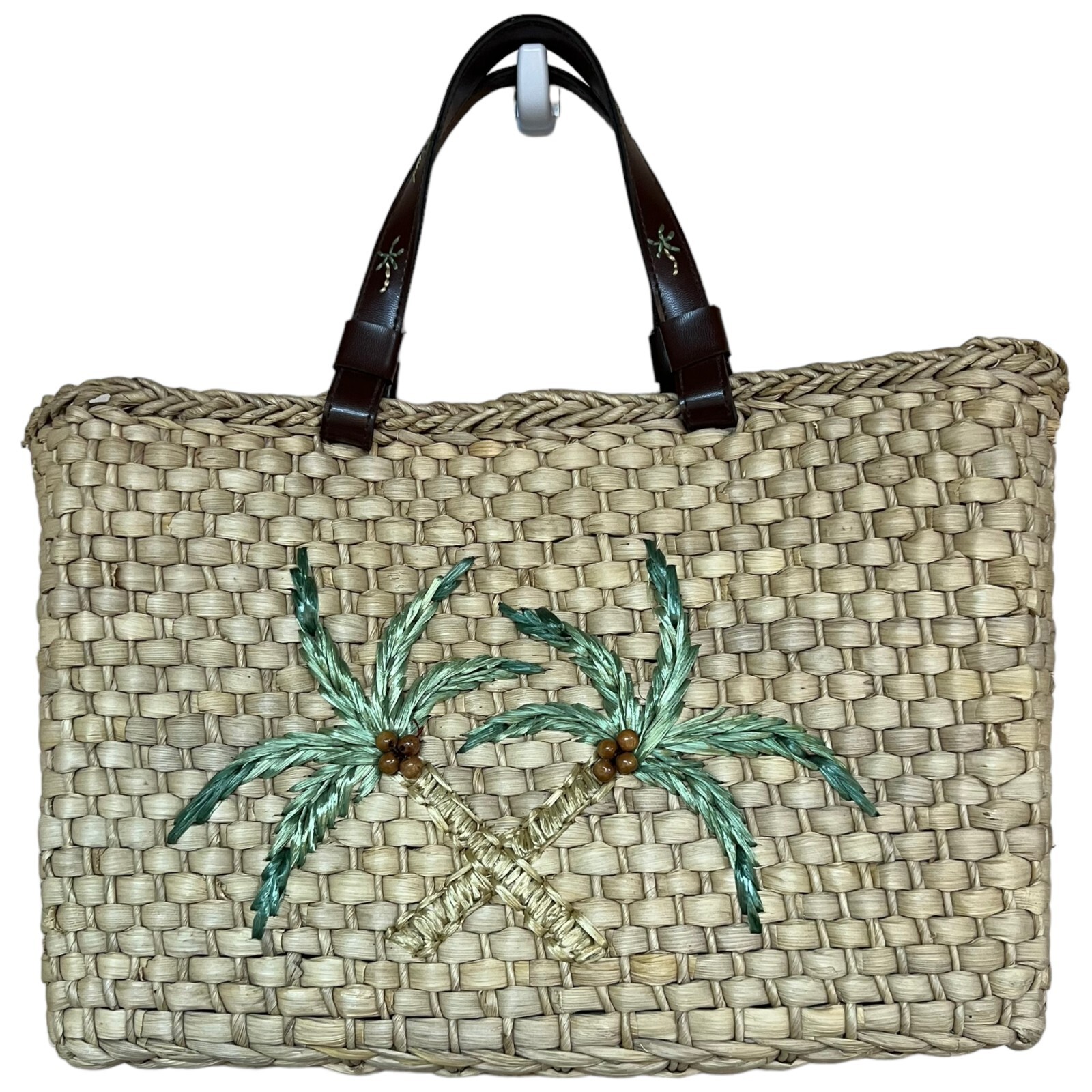 Pier 1 Rattan Straw Tote Bag Lined Lightweight Palm Tree Theme Beach Travel