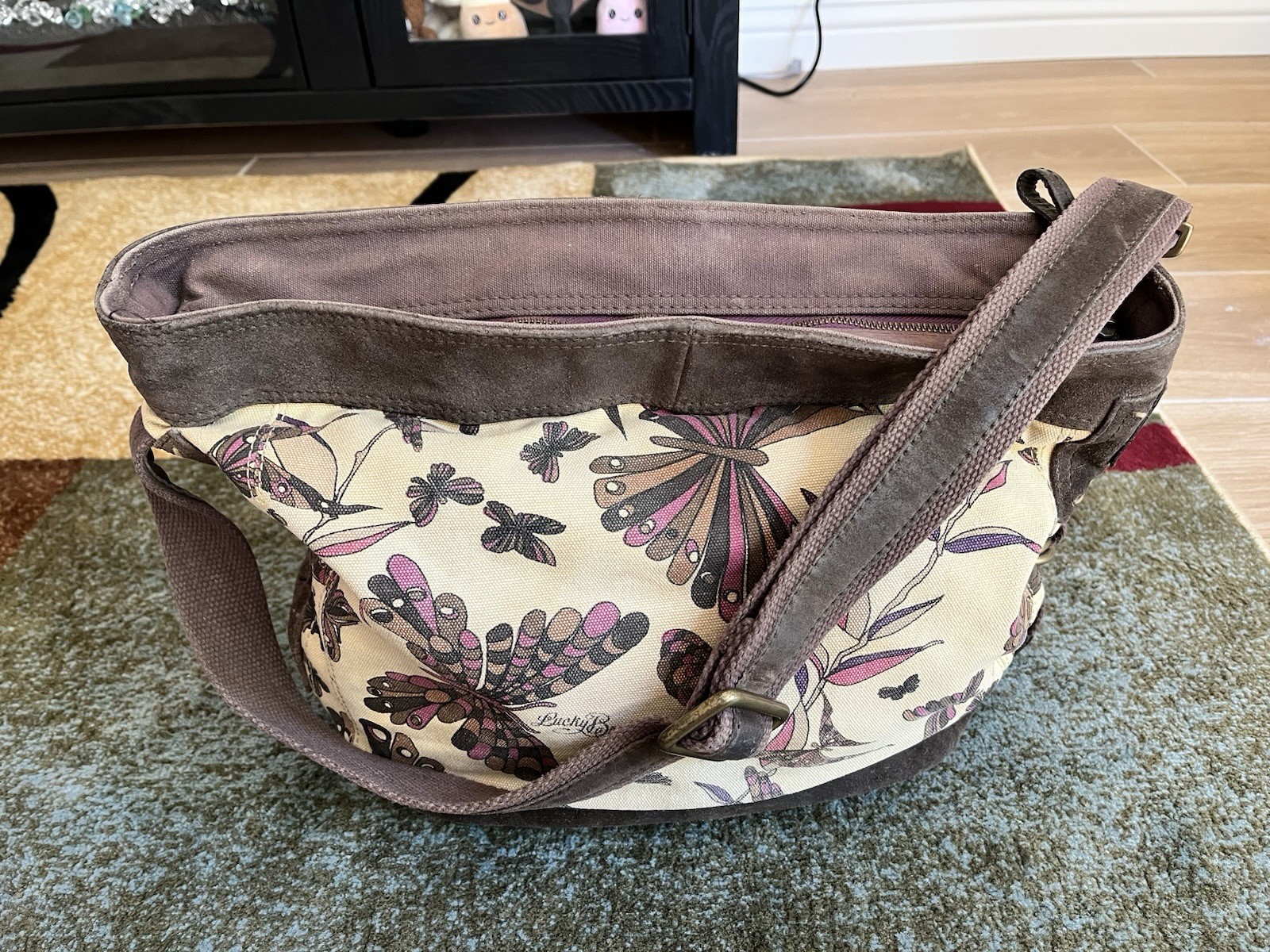LUCKY BRAND Runaway Carryall Canvas Suede Leather Hobo Crossbody Shoulder Bag XL