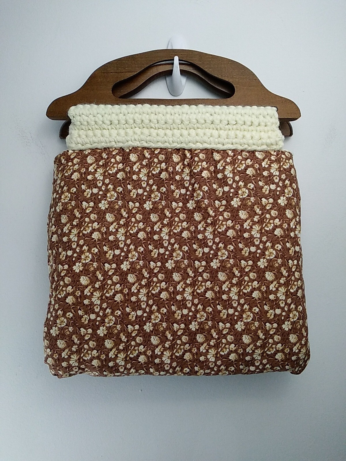 Homemade Boho Ivory Hand Crochet Clutch Wooden Handle Lined with Quilting Fabric