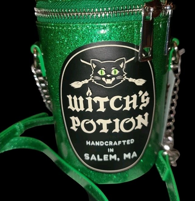 3D Witches Potion Black Cat Green Glittered Crossbody Bag Goth Purse Halloween