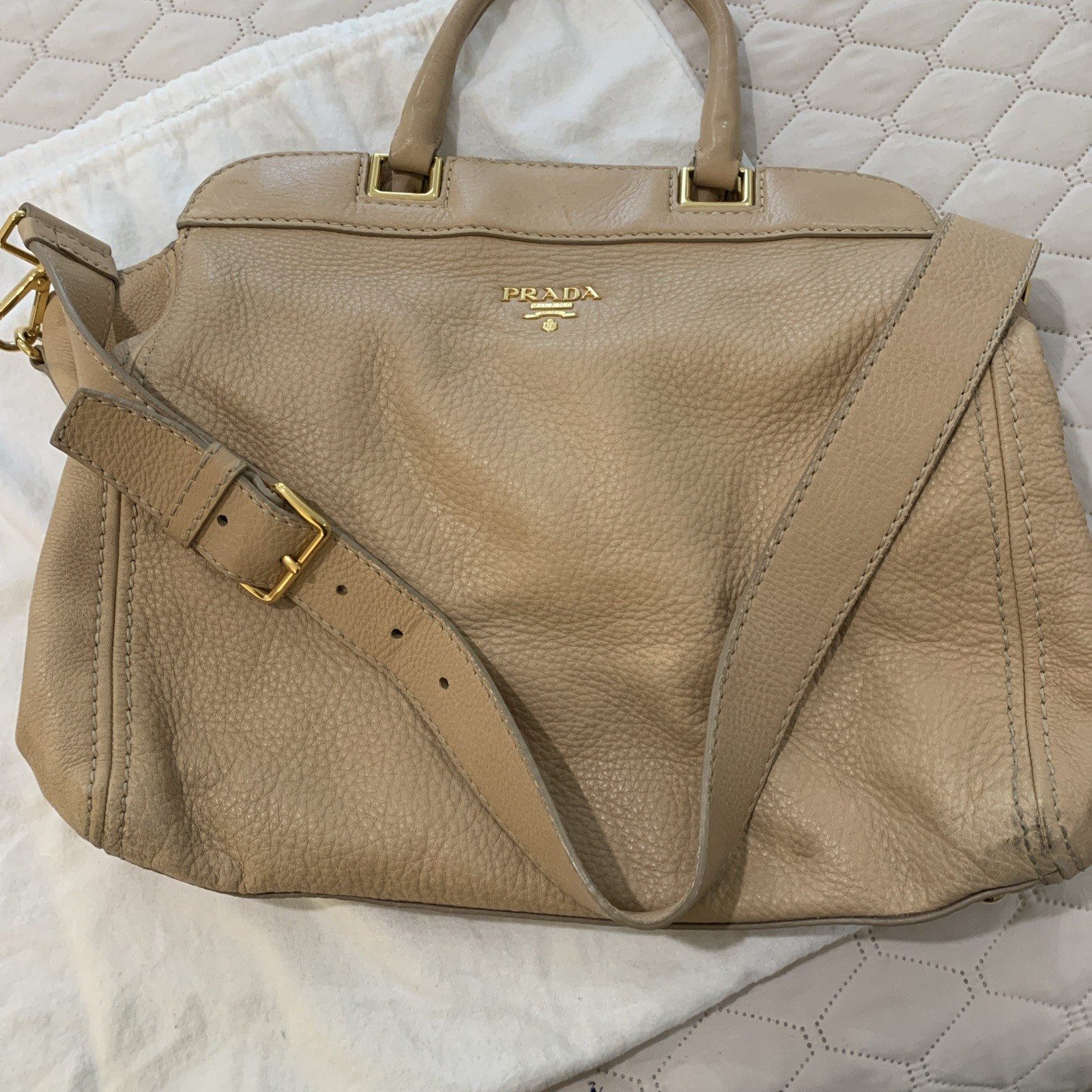 Prada Tessuto Two Way Leather Handbag with gold Hardware.