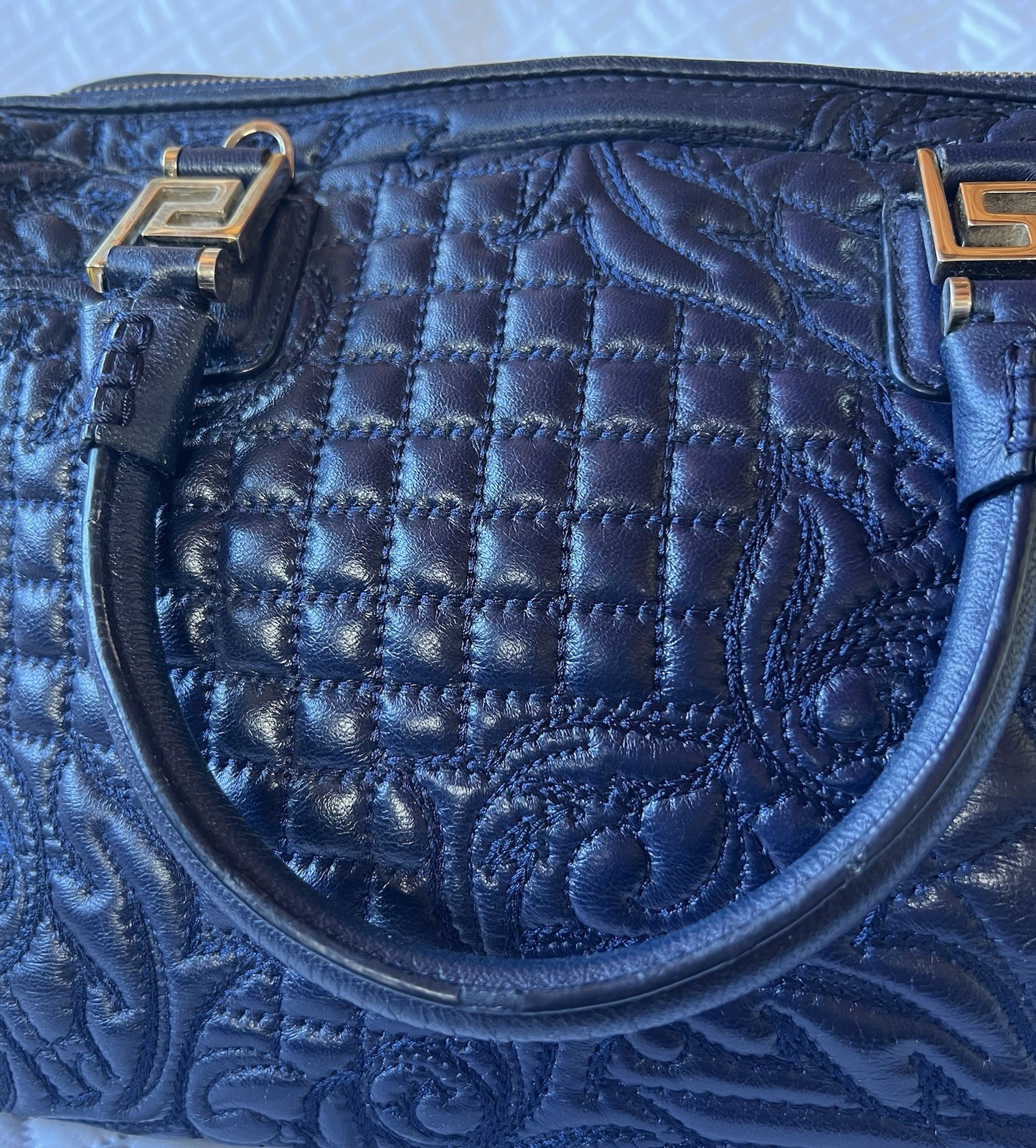 Versace Navy Blue Leather Demetra Vanitas Satchel Bag