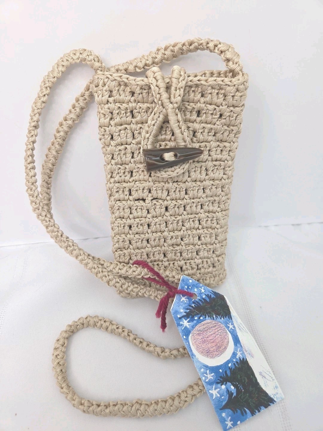 Crochet Raffia Phone Shoulder Bag Cream Brown Toggle Button Closure Boho