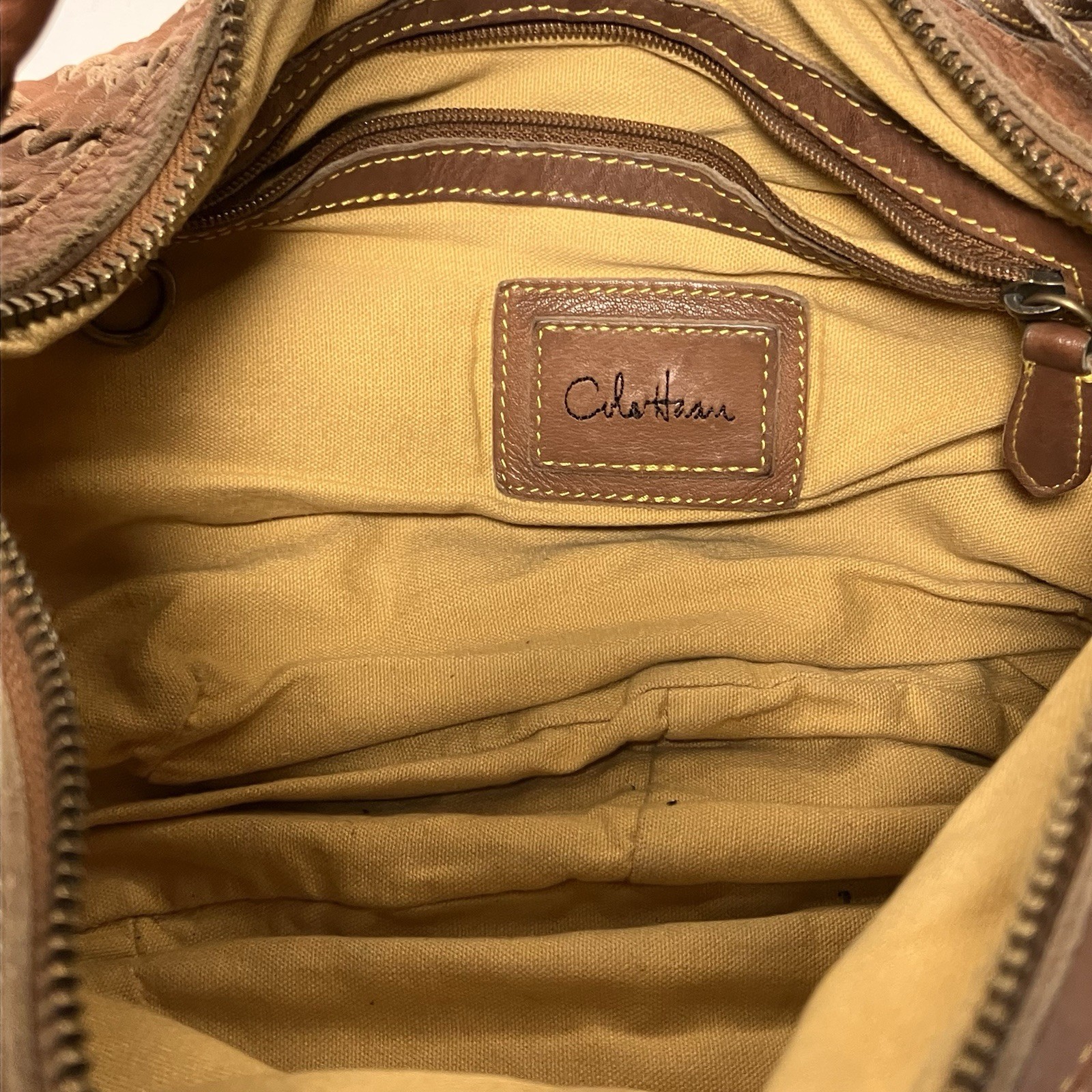 Cole Haan Woven Leather Shoulder Zip Bag Medium Brown