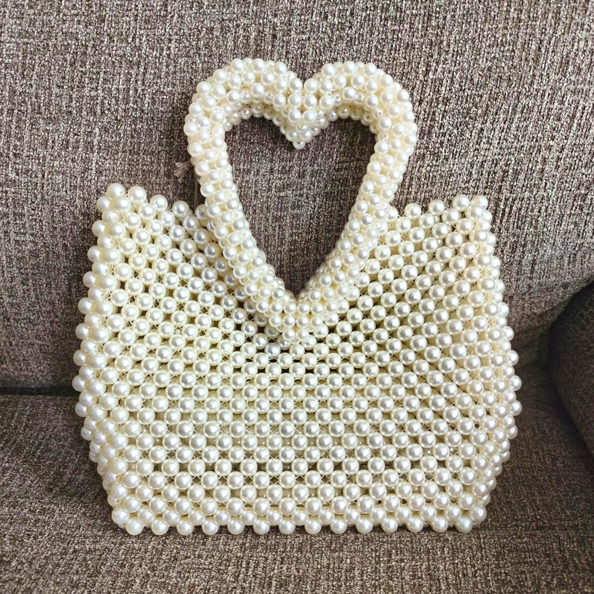 A New Day White Beaded Faux Pearl Top Handle Bag Heart Theme, Lightweight