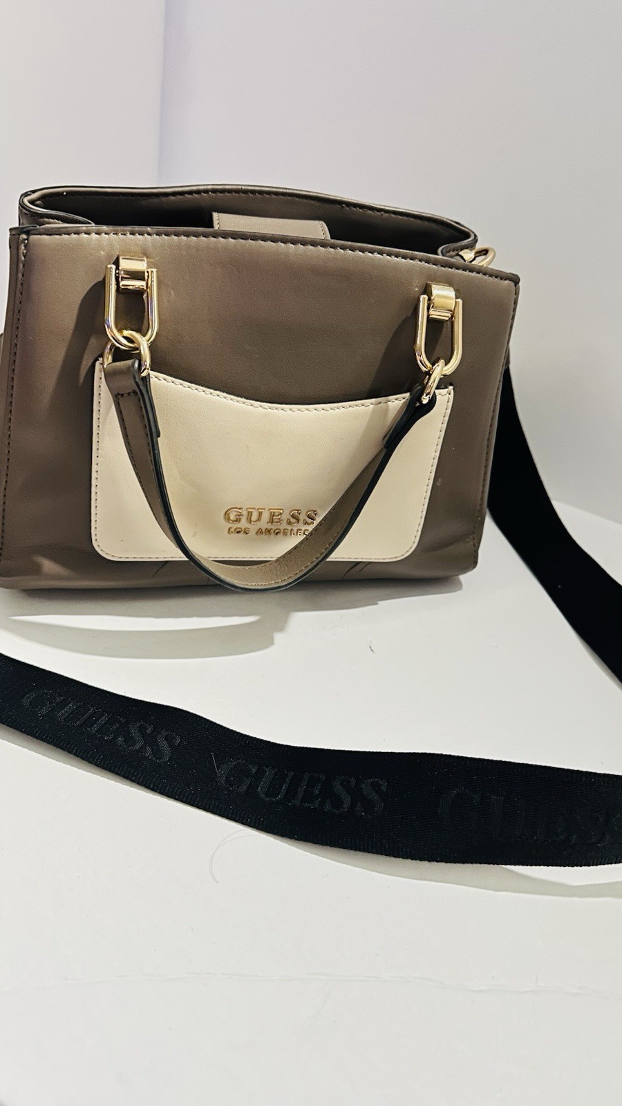 GUESS Gray Cream Colorblock Satchel Top Handle Bag Zip Detachable Strap Gold