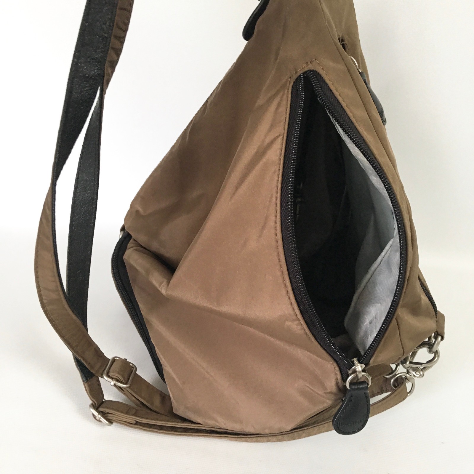 AmeriBag Sling Bag Brown Nylon Crossbody Black Trim Healthy Backpack Purse
