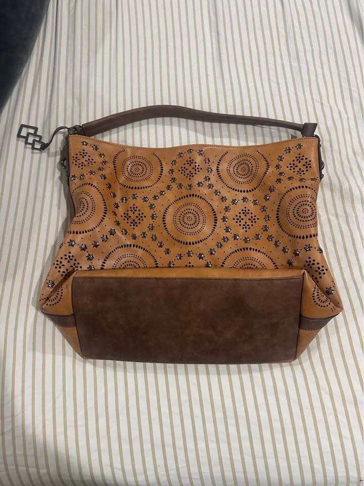 Brown and Tan Faux Leather Shoulder Bag with Decorative Pattern