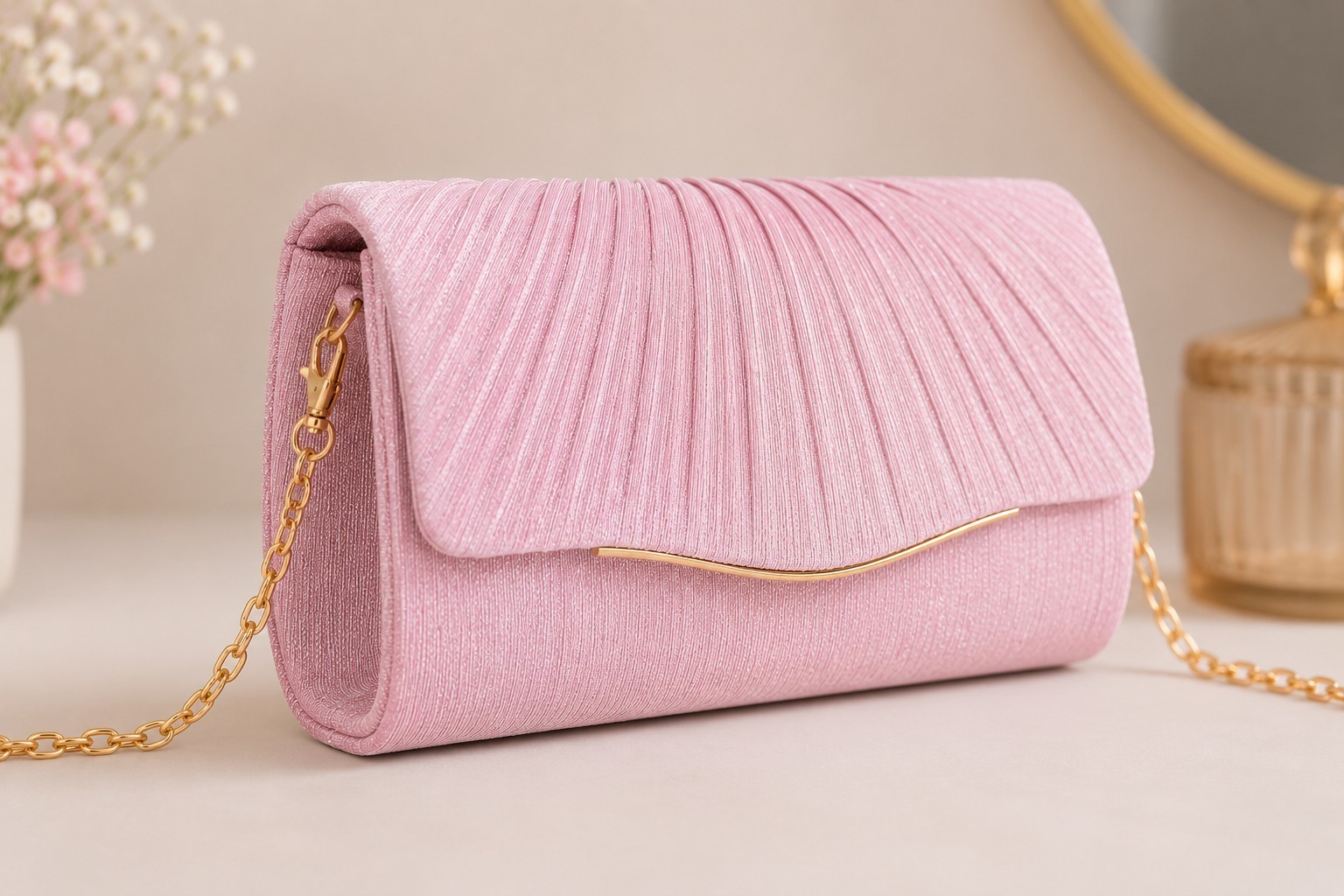 Women’s Pink Satin Evening Clutch Bag Gold Chain Wedding Party