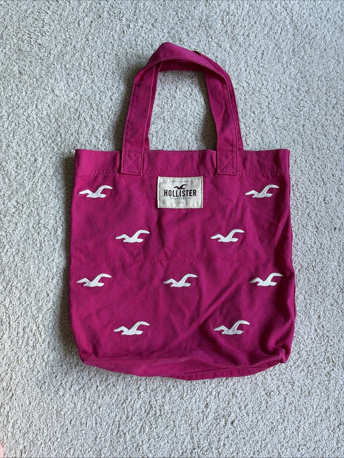 Hollister Vintage Seagull Logo Embroidered Hot Pink Tote Bag 16” X 16” X 2”