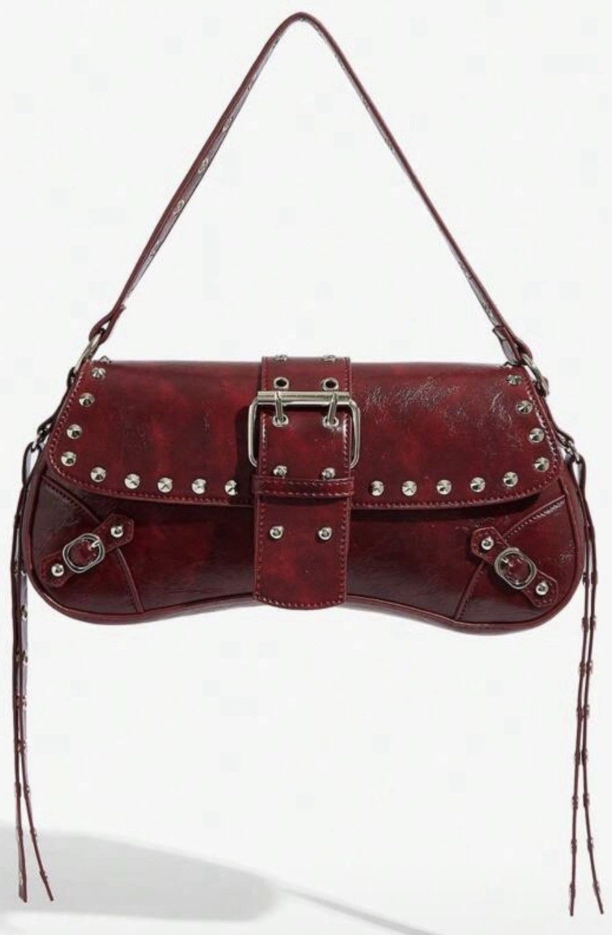 Women’s Burgundy Studded Leather Crescent Shoulder Bag with Buckle Accent